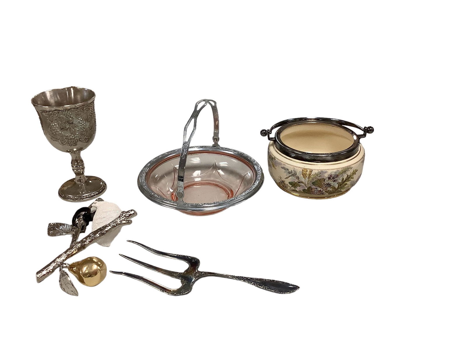 (5) Silver Plated Items: Meat fork, candy dish, decoration with pear and a bird. Vintage wine goblet. Porcelain dish with handle no lid.