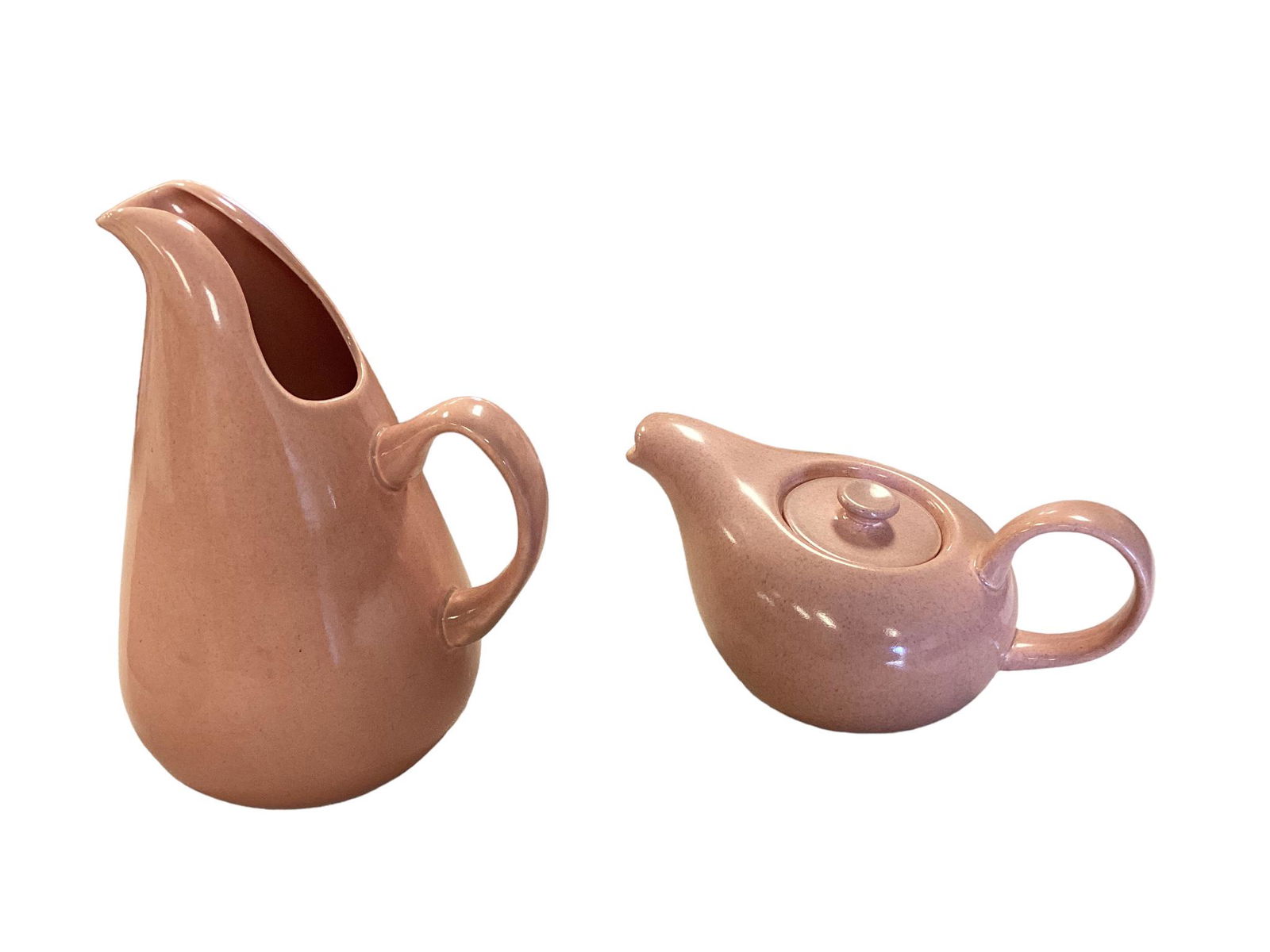 Russel Wright Steubenville Coral Pitcher and Teapot: This pitcher & teapot are in nice shape, no chips/ cracks seen or felt.Both are marked on bottom.