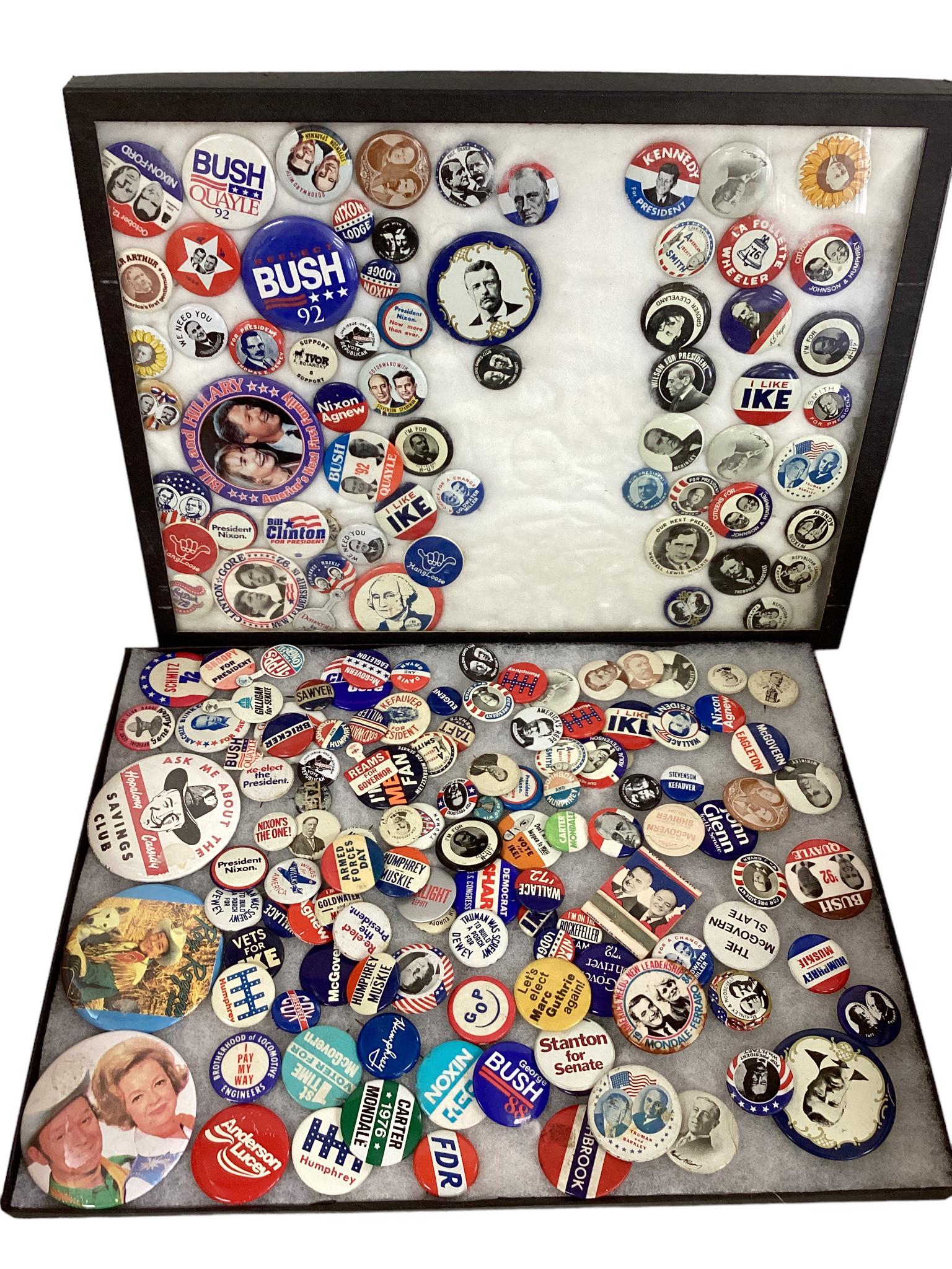 Pin Buttons for Political Campaigns & Others: Pin Buttons for Political Campaigns & Others William Taft, Teddy Roosevelt, Richard Nixon, Grover Cleveland, Roy Rodgers, Hopalong Cassidy, many more. In protective case, one has crack in glass.