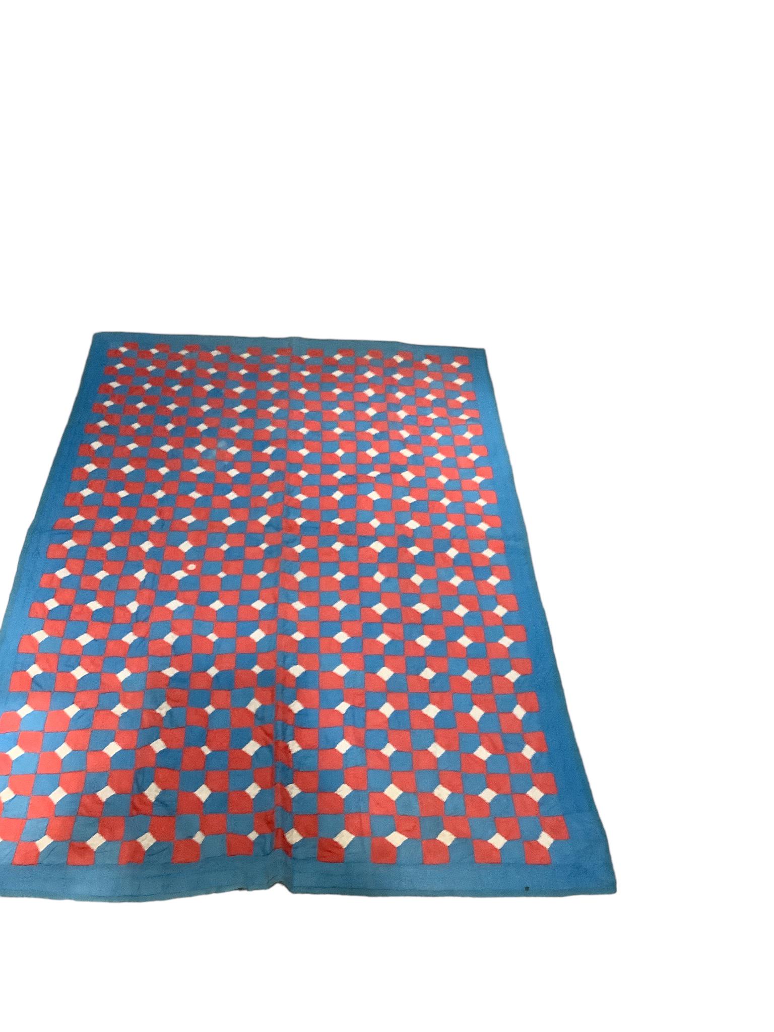 Blue, Rose & White Quilt: Blue, Rose & White Quilt Measures 78 x 53. Hand stitched. Blue backing. Some stains, frayed edges.