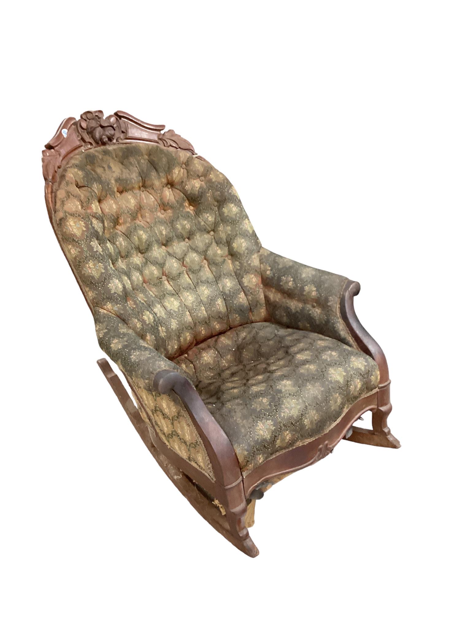Wood Frame Rocking Chair: Wood Frame Rocking Chair This will need to be completely reupholstered. 37î deep x 35î tall x 26î wide.