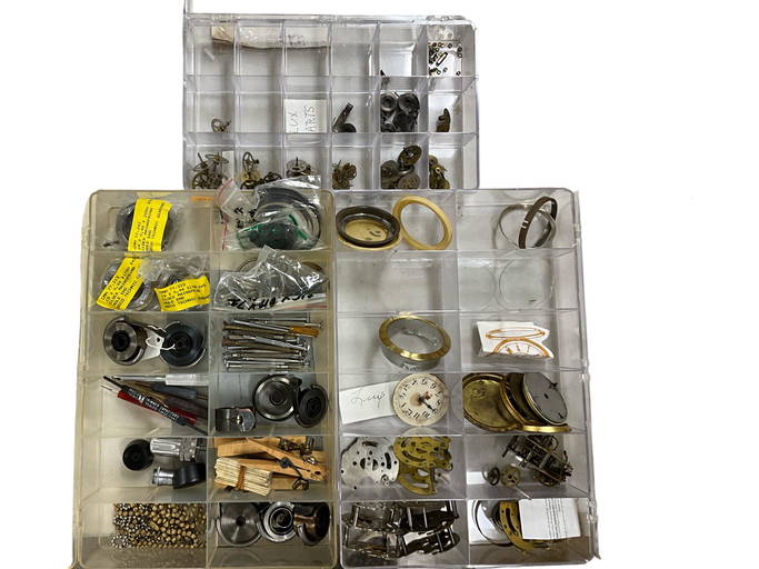 Three Divided Boxes Of Clock And Watch Parts