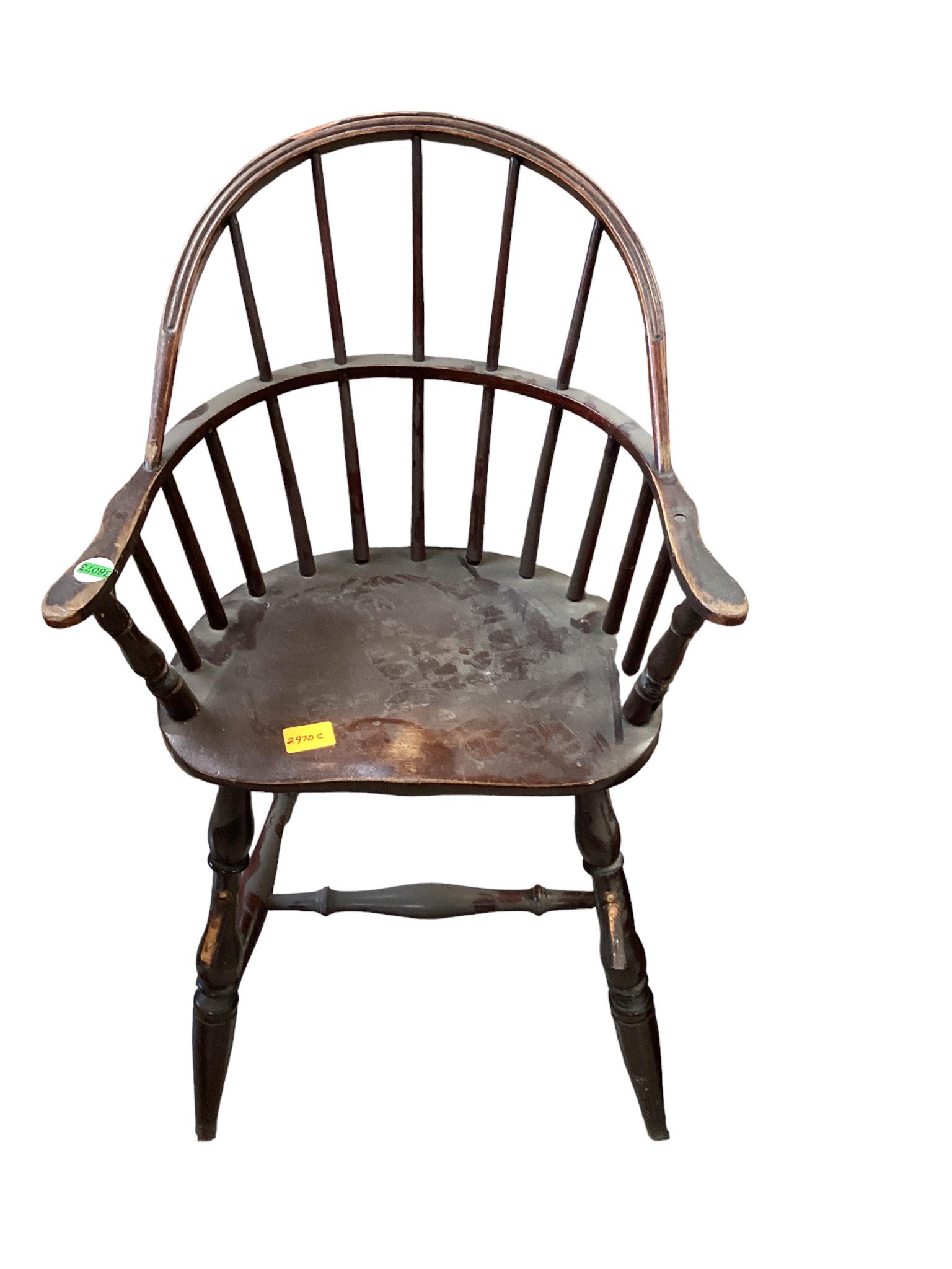 Windsor Chair: Windsor Chair High chair missing foot rest measuring 35” high in the back.