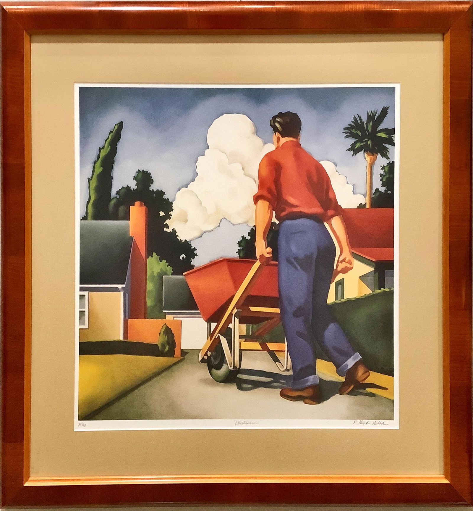 Signed Print, “Wheelbarrow”: Signed Print, “Wheelbarrow” R. Kenton Nelson, 24/90, 20.5”L x 20.5H, 30” x 30” overall.