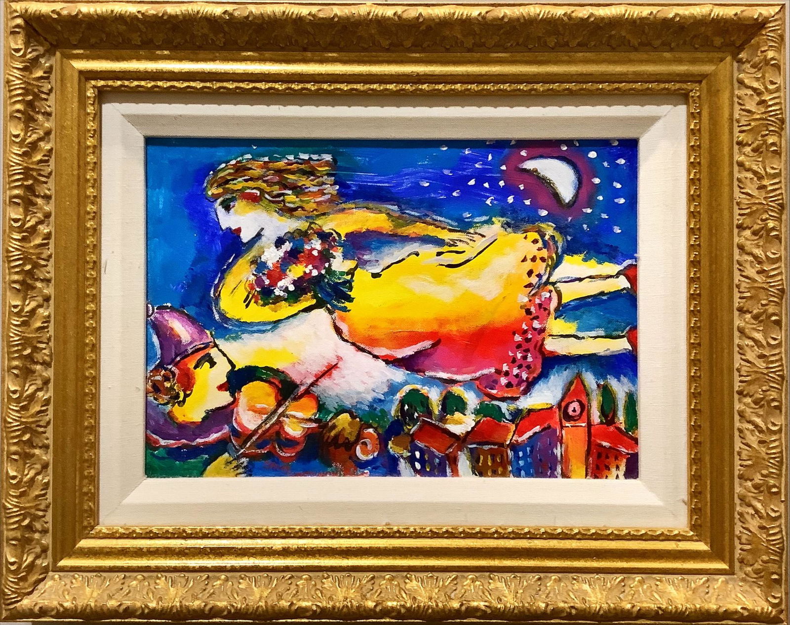 Signed Acrylic on Canvas, Woman Flying Over Fiddler (1 of 3)