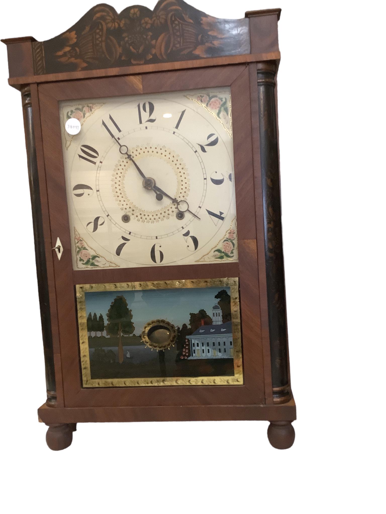 Eli Terry Mantel Clock with Stencil Decoration: Eli Terry Mantel Clock with Stencil Decoration Locking glass front. Has key. Measures 28î H x 14.5î W x 4î D.
