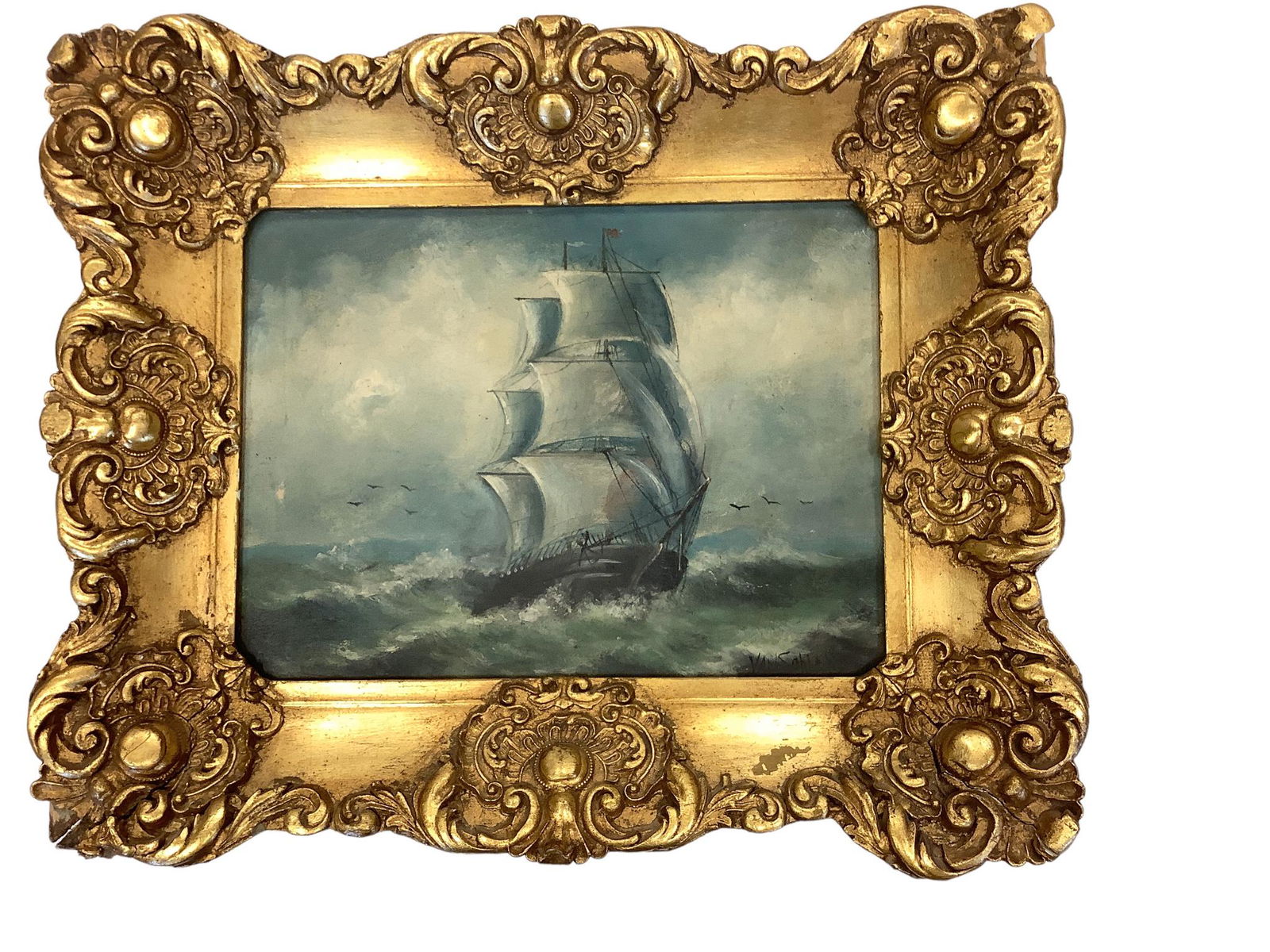 Painting, Signed Van Schloss, in Gilt Wood and Gesso of a Square Rigger Sailing Vessel (1 of 7)