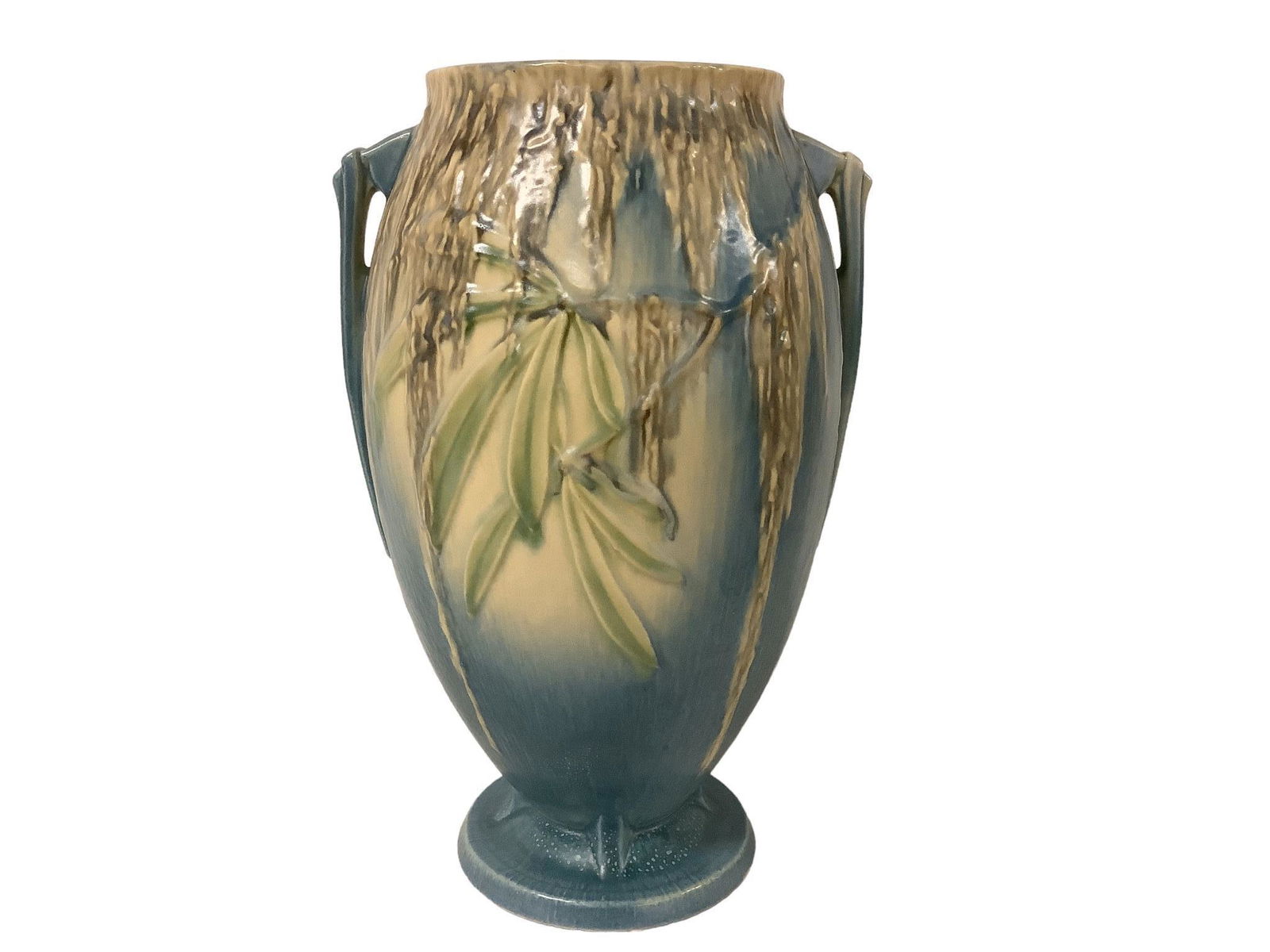 Roseville Pottery ìMossî Tall Vase: Roseville Pottery ìMossî Tall Vase 5.5î Opening x 15î H. Two small nicks on bottom edge.