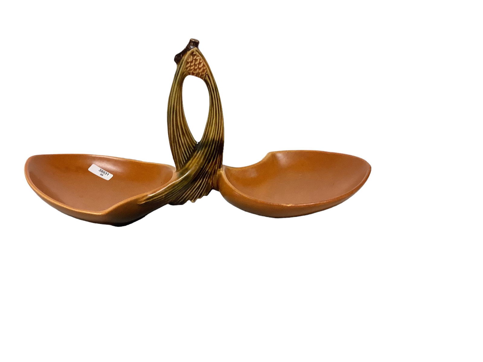 Roseville Pottery ìBrown Pineconeî Double Candy Dish (1 of 2)