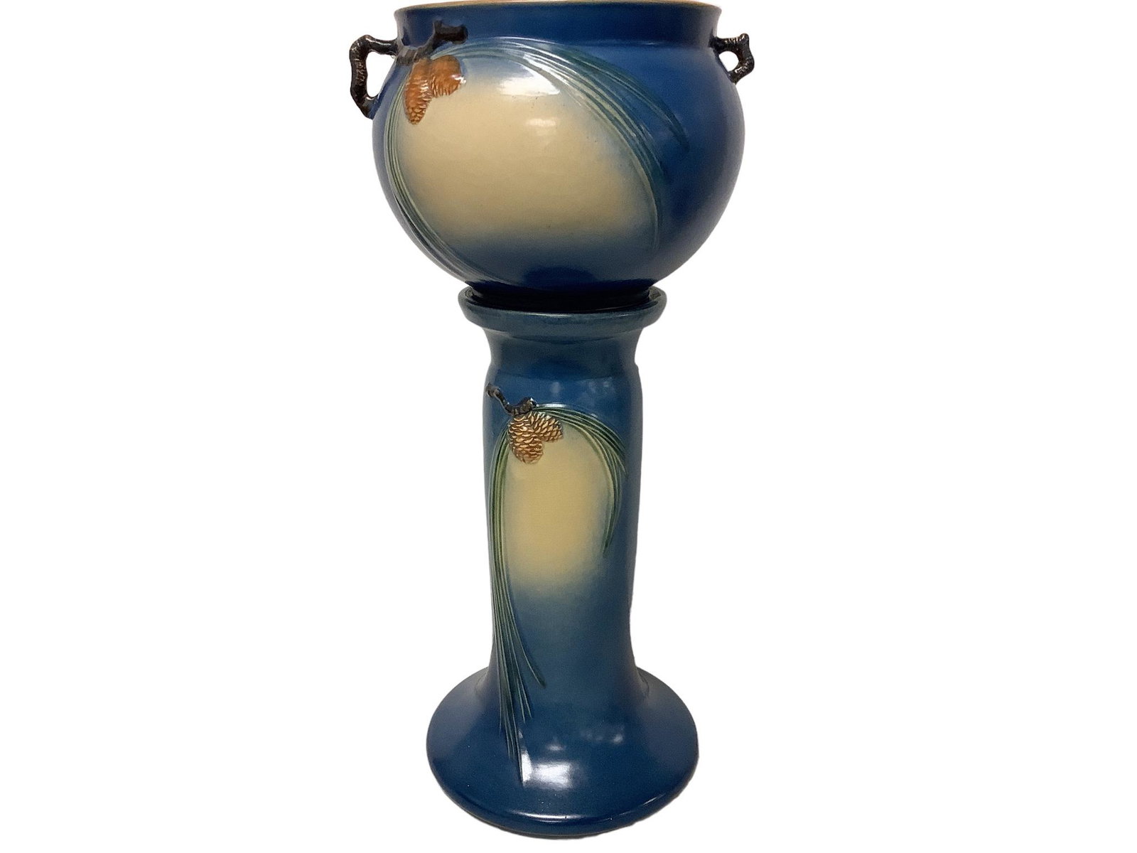 Roseville Pottery ìBlue Pineconeî Jardiniere and Pedestal 402-8î & 405-8î: Roseville Pottery ìBlue Pineconeî Jardiniere and Pedestal 402-8î & 405-8î 8î Opening x 25îH, pinpoint nicks in pedestal.