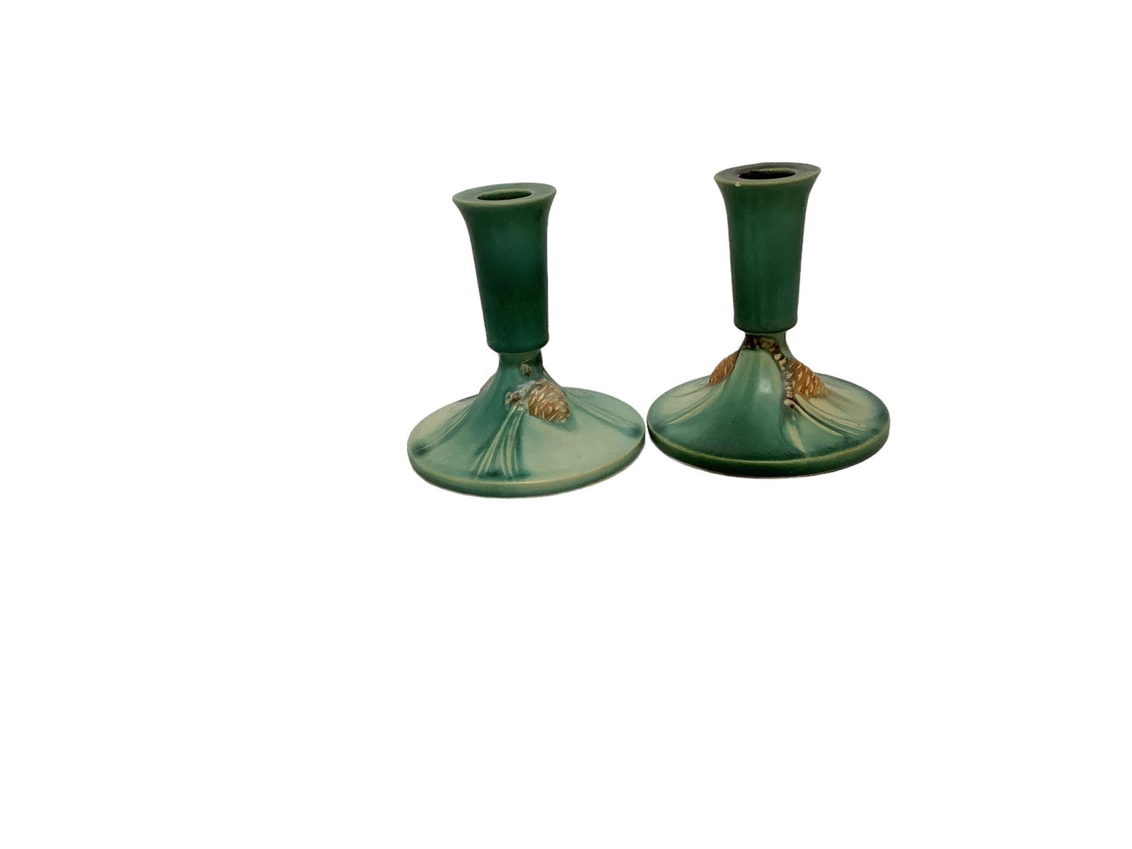 2 Roseville Pottery ìGreen Pineconeî Candlesticks (1 of 2)