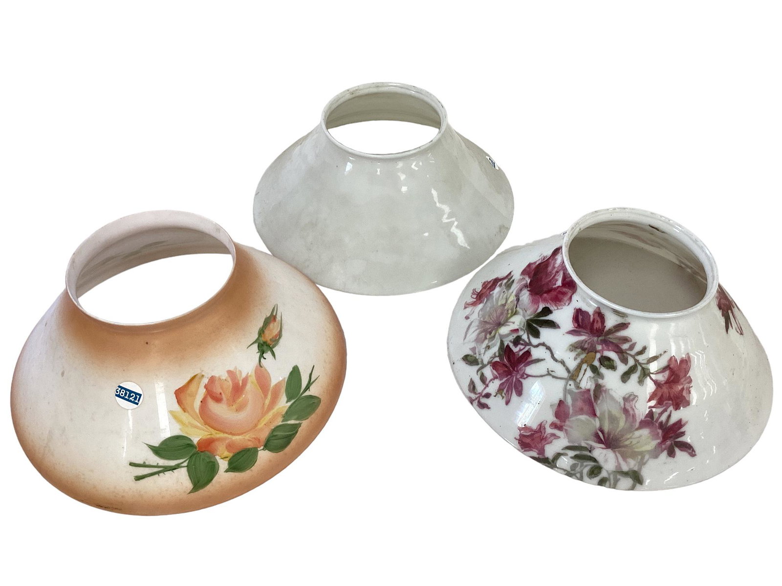 3 Glass Lampshades: 3 Glass Lampshades All three are 6î across on top & 14î across bottom, rim to rim. Two are painted with flowers, on is plain white. Minor use chips on top rims.