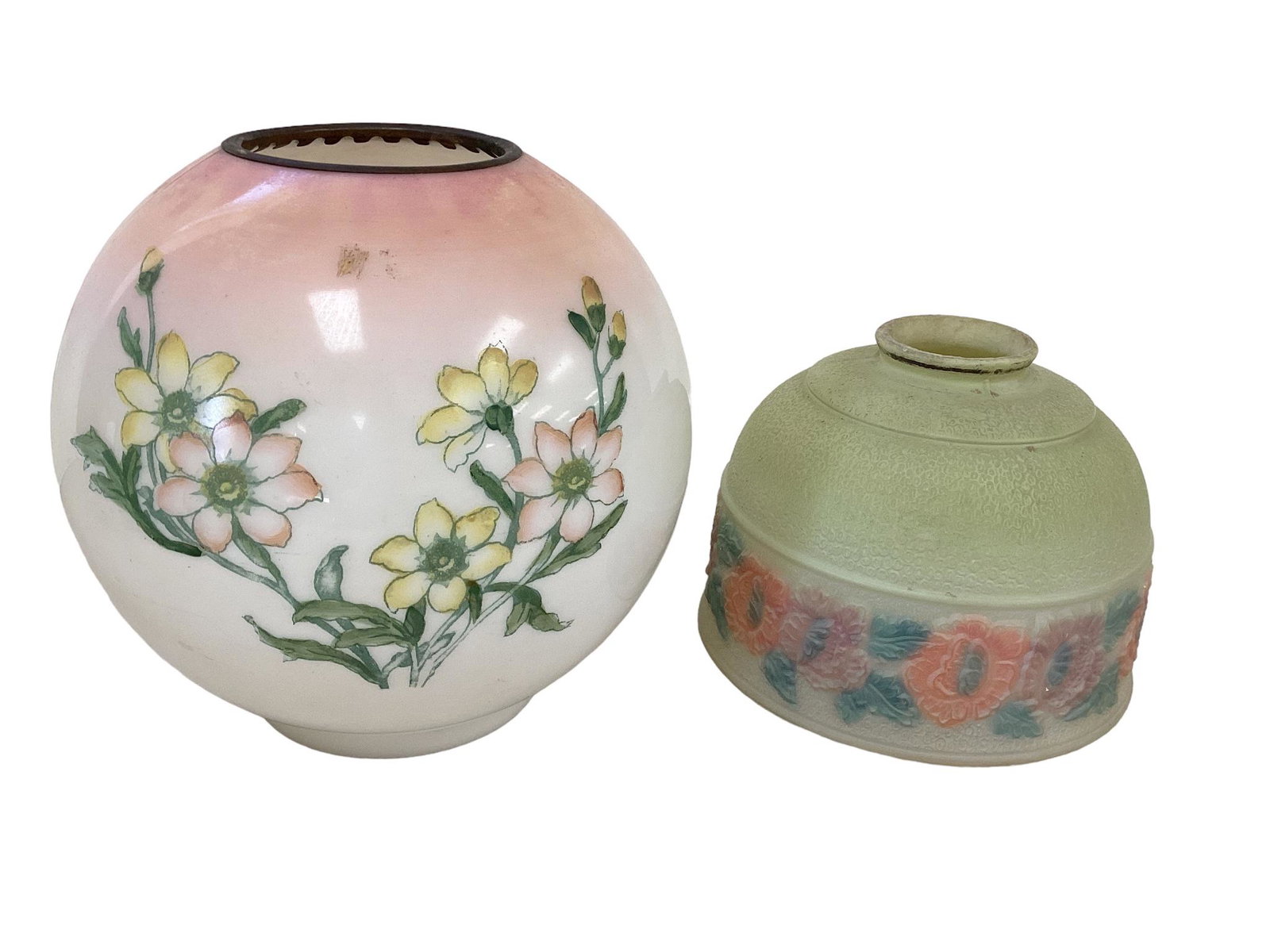 2 Decorated Glass Shades: 2 Decorated Glass Shades Pink, white, green, yellow is 7-1/2î tall. Green tinted with flowers is 5î tall, looks hand painted.