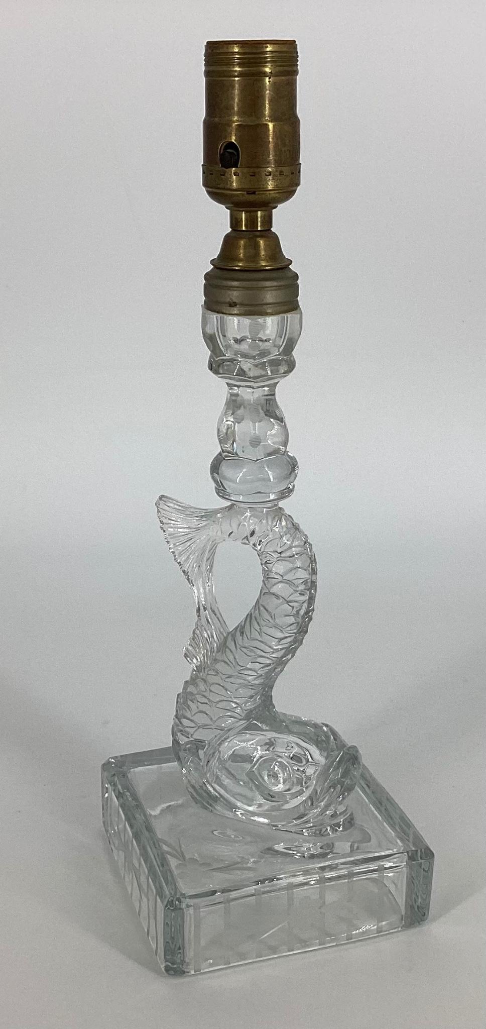 Heisey Sandwich Dolphin Crystal Electric Lamp Base: Heisey Sandwich Dolphin Crystal Electric Lamp Base #110. With floral cutting by Ideal Glass Co.