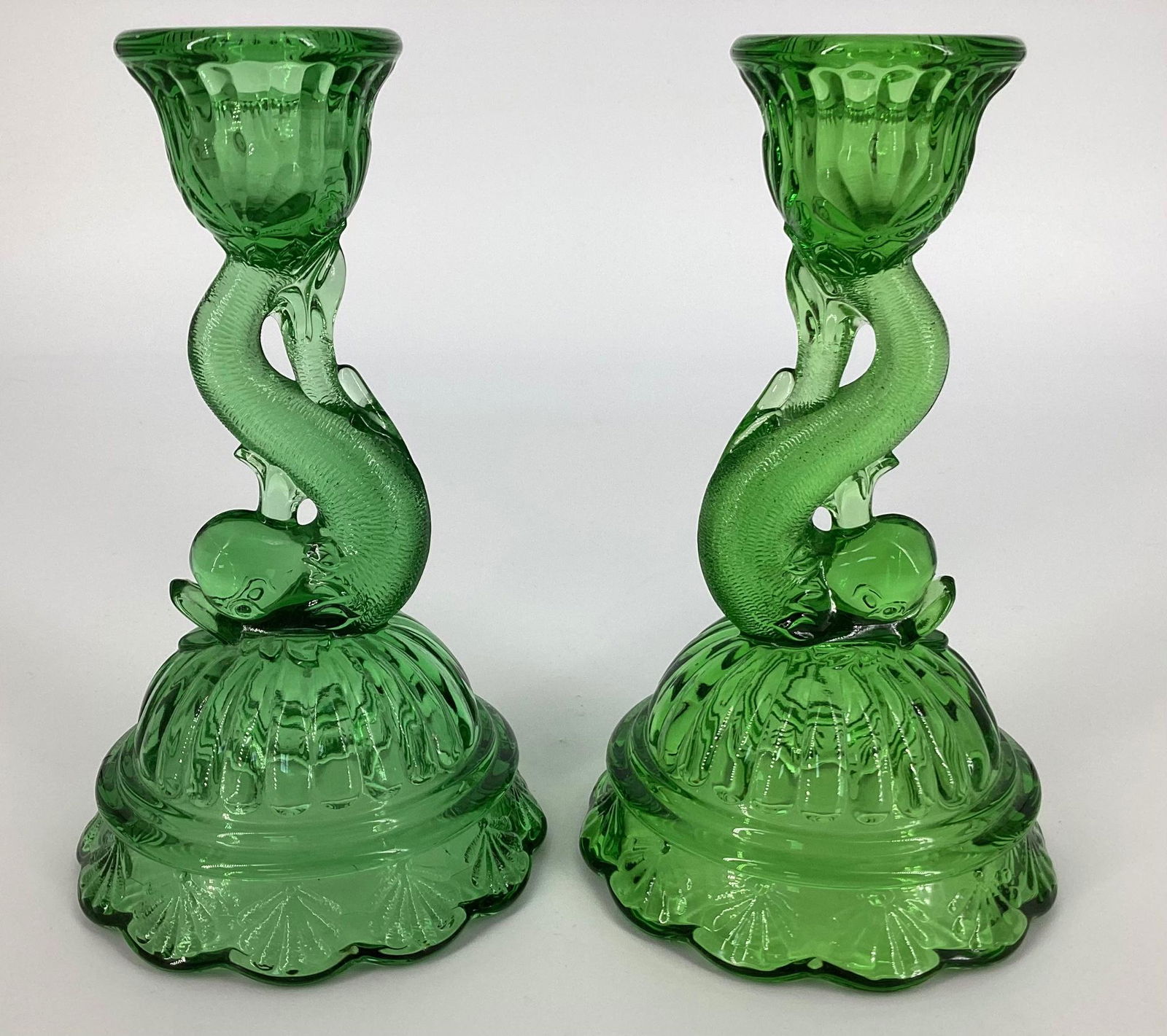 Pair Heisey Petticoat Dolphin One Light Moongleam Candlesticks (1 of 2)