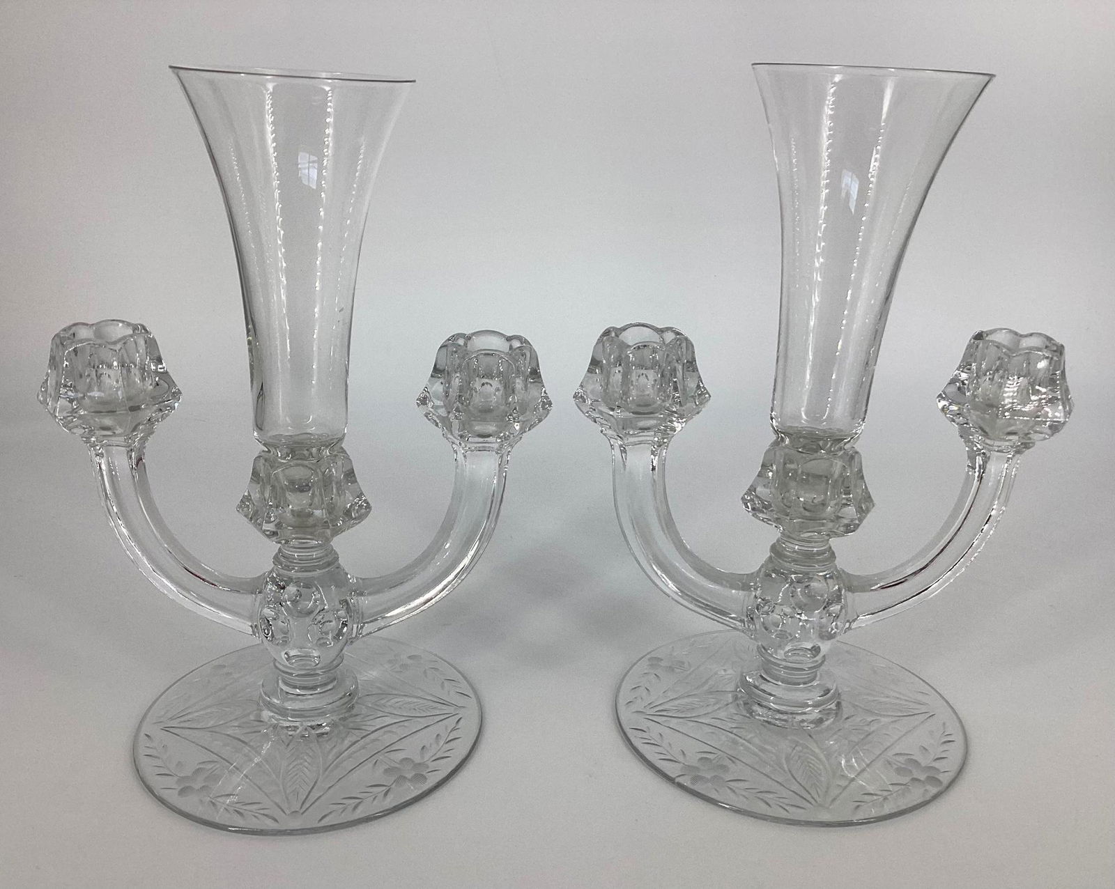 Pair Heisey Provincial Two Light Candlesticks with Center Vase (1 of 2)