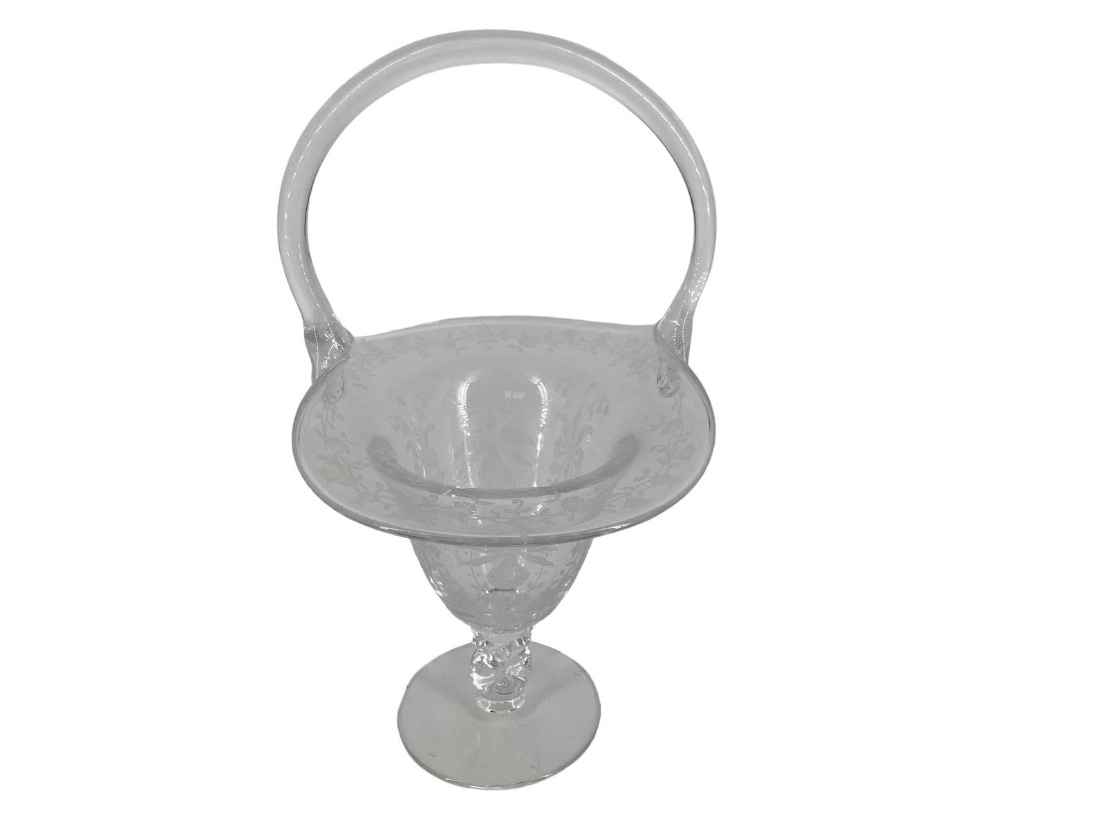 Heisey Lariat Handled Basket with Orchid Etch: Heisey Lariat Handled Basket with Orchid Etch #1540. 6"