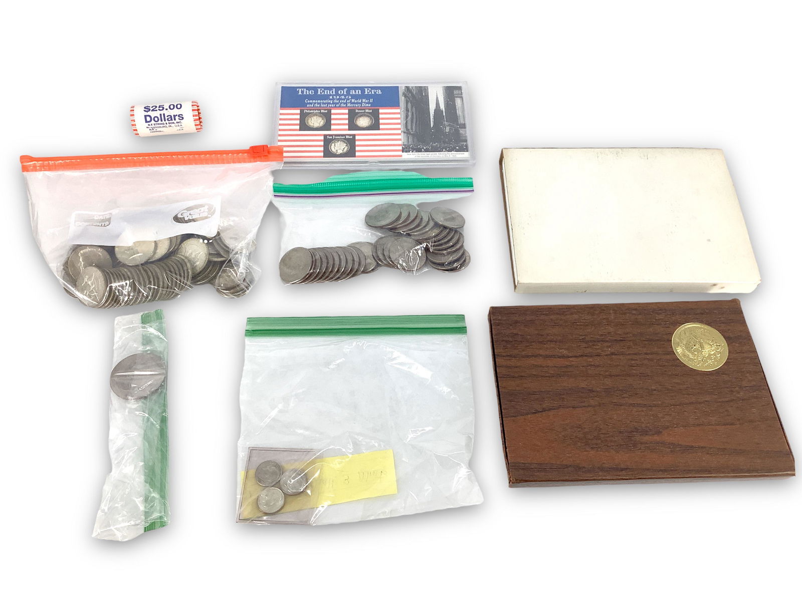Assorted U.S. Coins - Includes 40% Halves: Assorted U.S. Coins - Includes 40% Halves Includes: trio of 1955 dimes (all mints), 1945 "End of an Era" three coin Mercury dime set, Eisenhower proof dollar coin in case, U.S. 1976 bicentennial silve