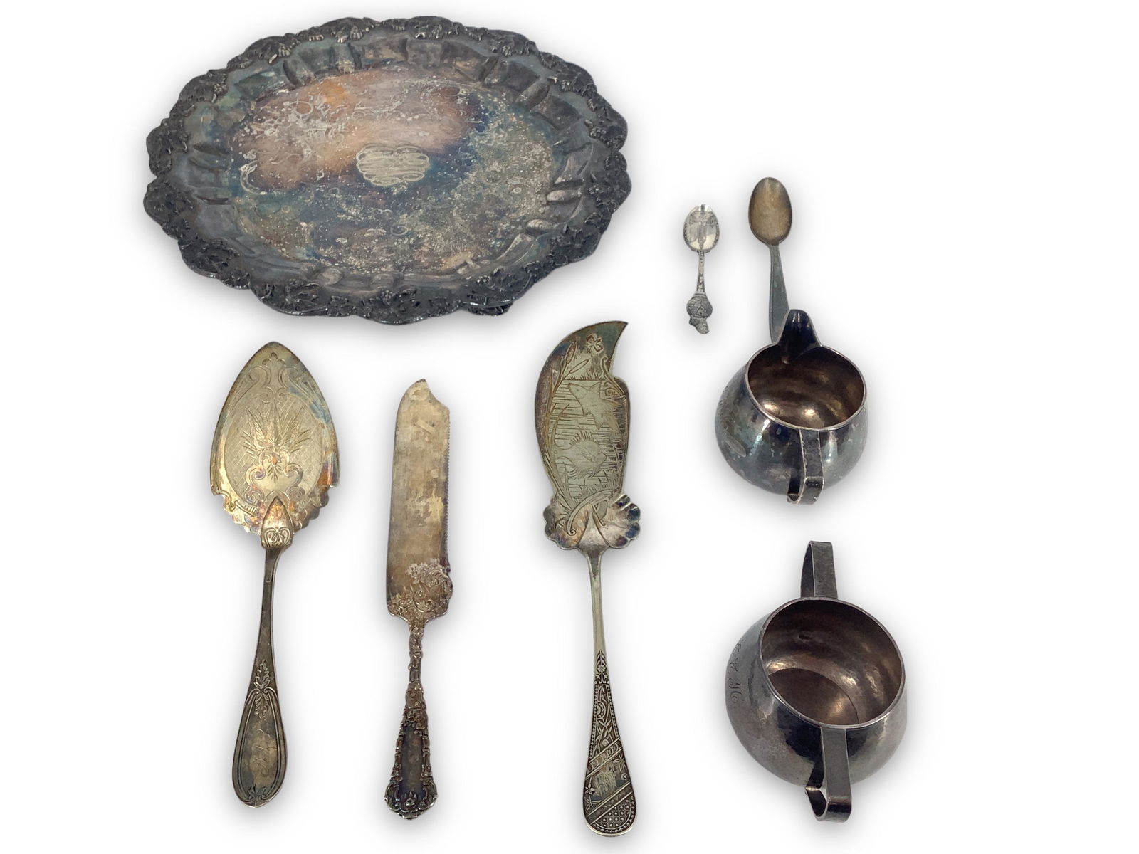 Silver and Silver Plate Serveware and Accessories: Silver and Silver Plate Serveware and Accessories Includes: plated souvenir spoon, two pie servers, one cake knife, miscellaneous silver plated Italian spoon, set of sterling silver cream and sugar pi
