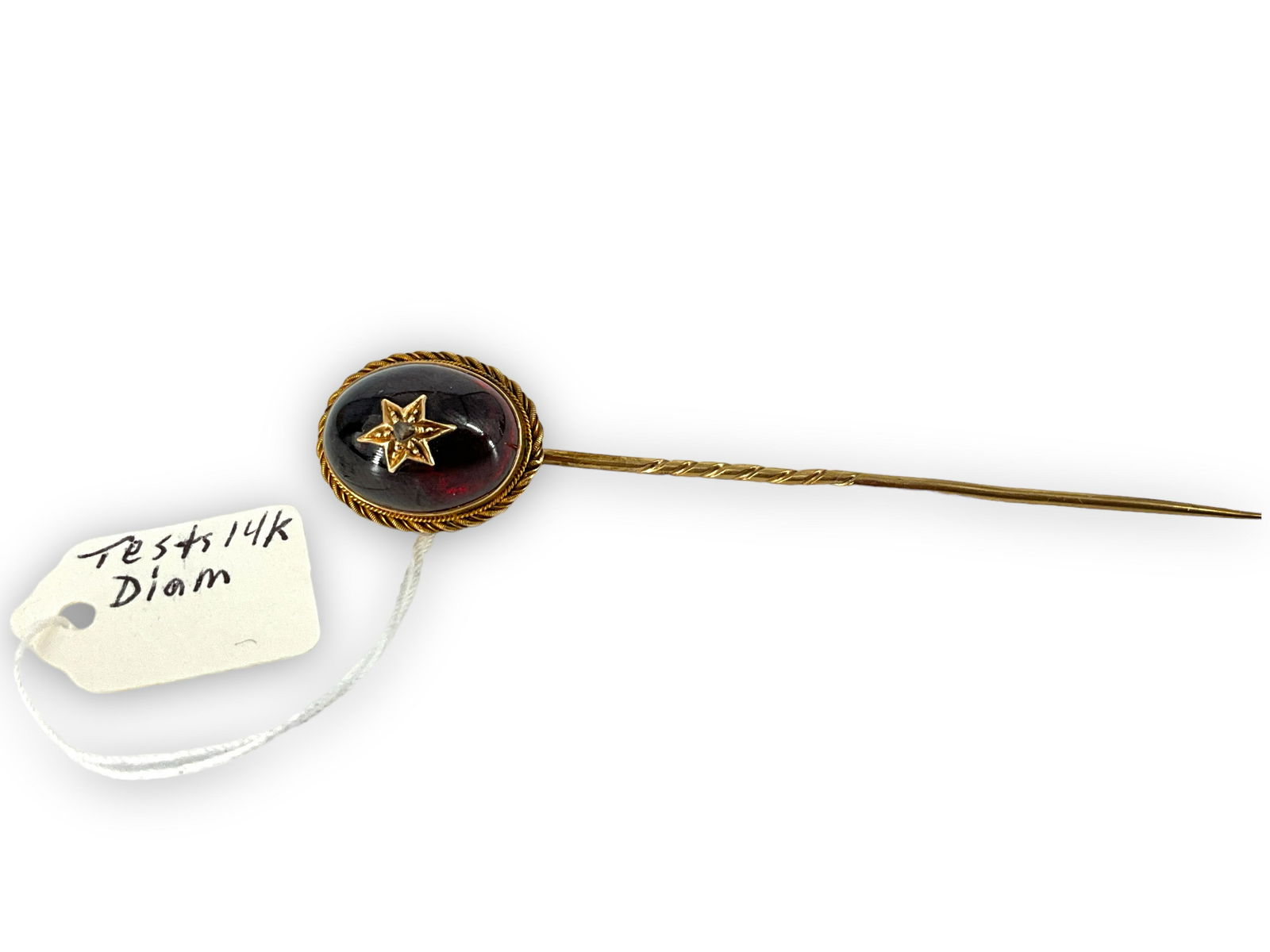 Victorian Gold Stick Pin with Garnet Cabochon and Diamond (1 of 3)