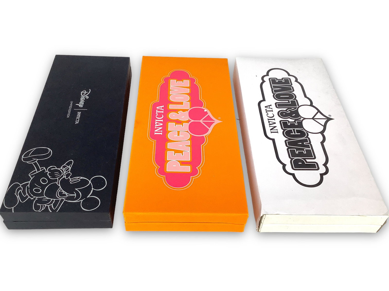 Invicta Watch Boxes with Contents: Invicta Watch Boxes with Contents No watches - only replacement/extra straps. Includes Peace & Love and Disney designs.