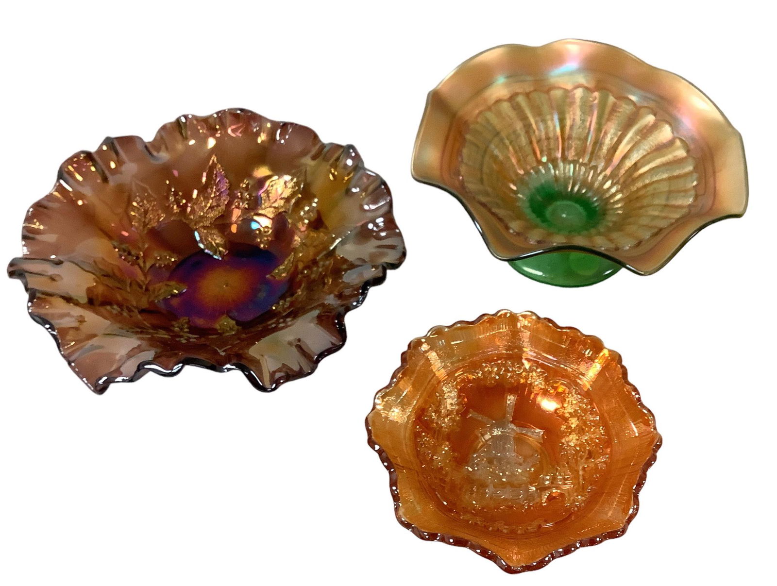Three Decorative Carnival Glass Bowls (1 of 2)