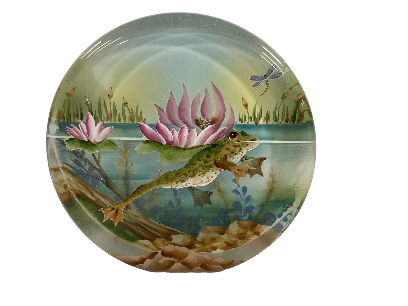 Former Fenton Artist Hand Painted Frog in the Lily Pads Glass Slab Paperweight (1 of 2)