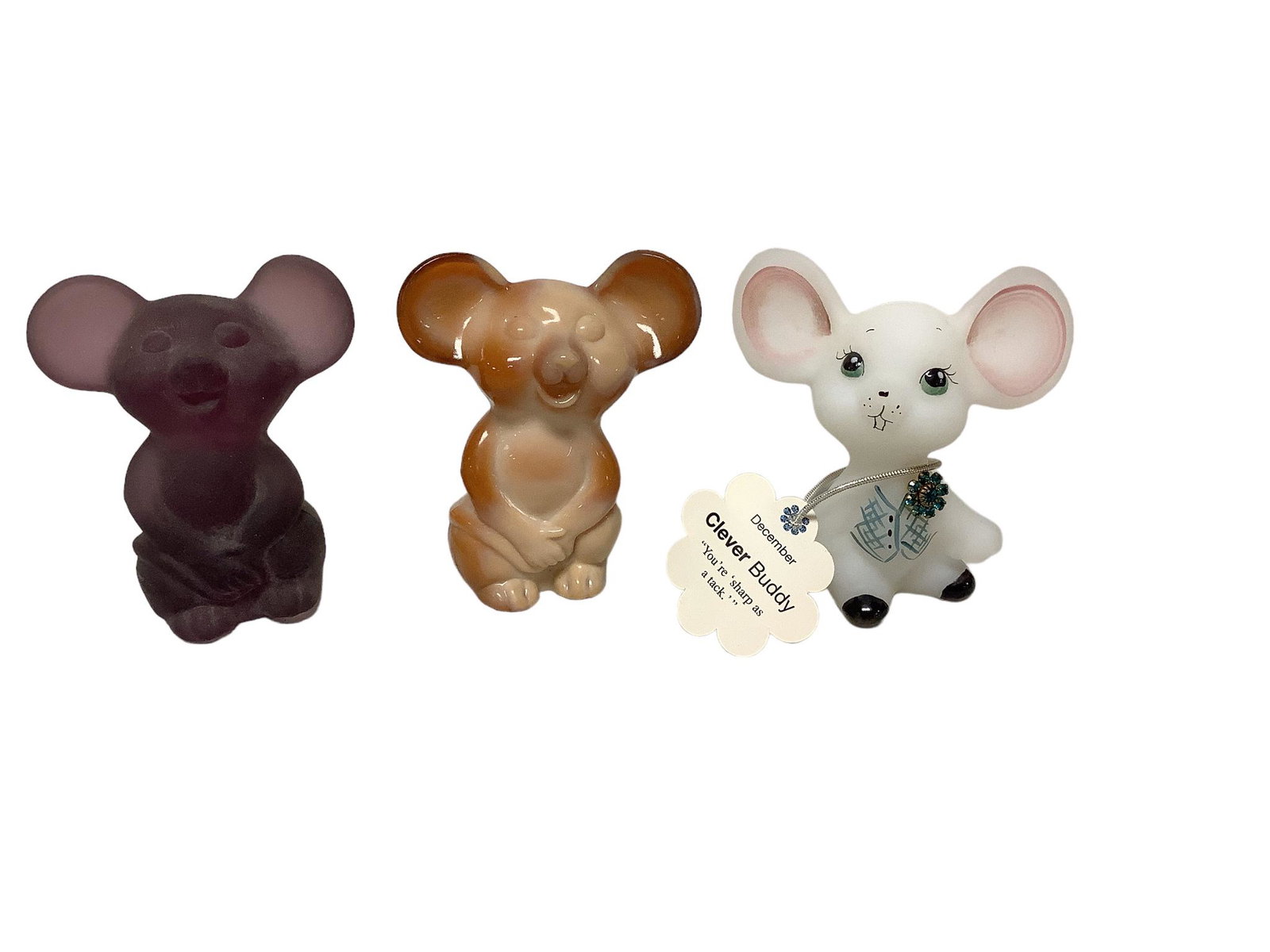 Fenton Glass Mice: Fenton Glass Mice (3) 3î H (2) one plain purple, one chocolate glass 2005, 100th anniversary, and one Clever Buddy. very cute.