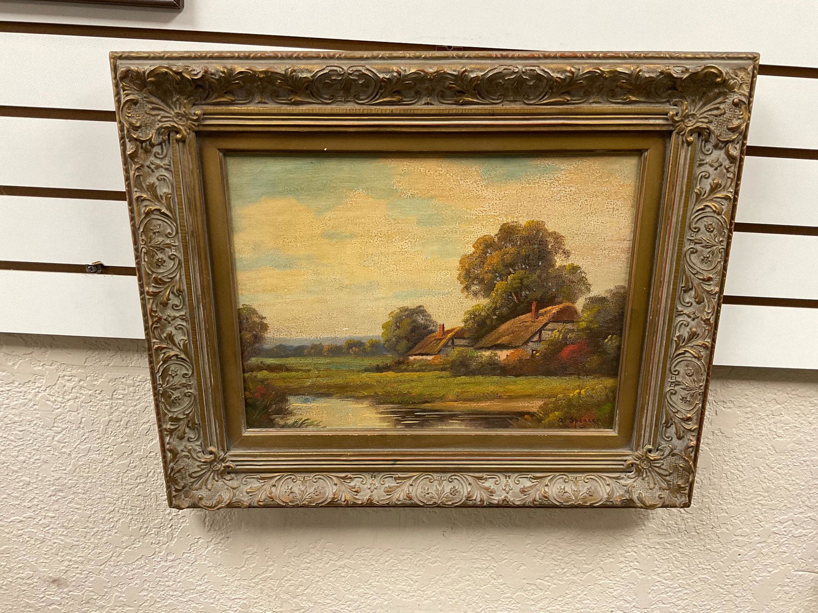 Oil On Masonite, Houses By A Pond: Oil On Masonite, Houses By A Pond 23î x 18î overall. Signed A. Spencer.