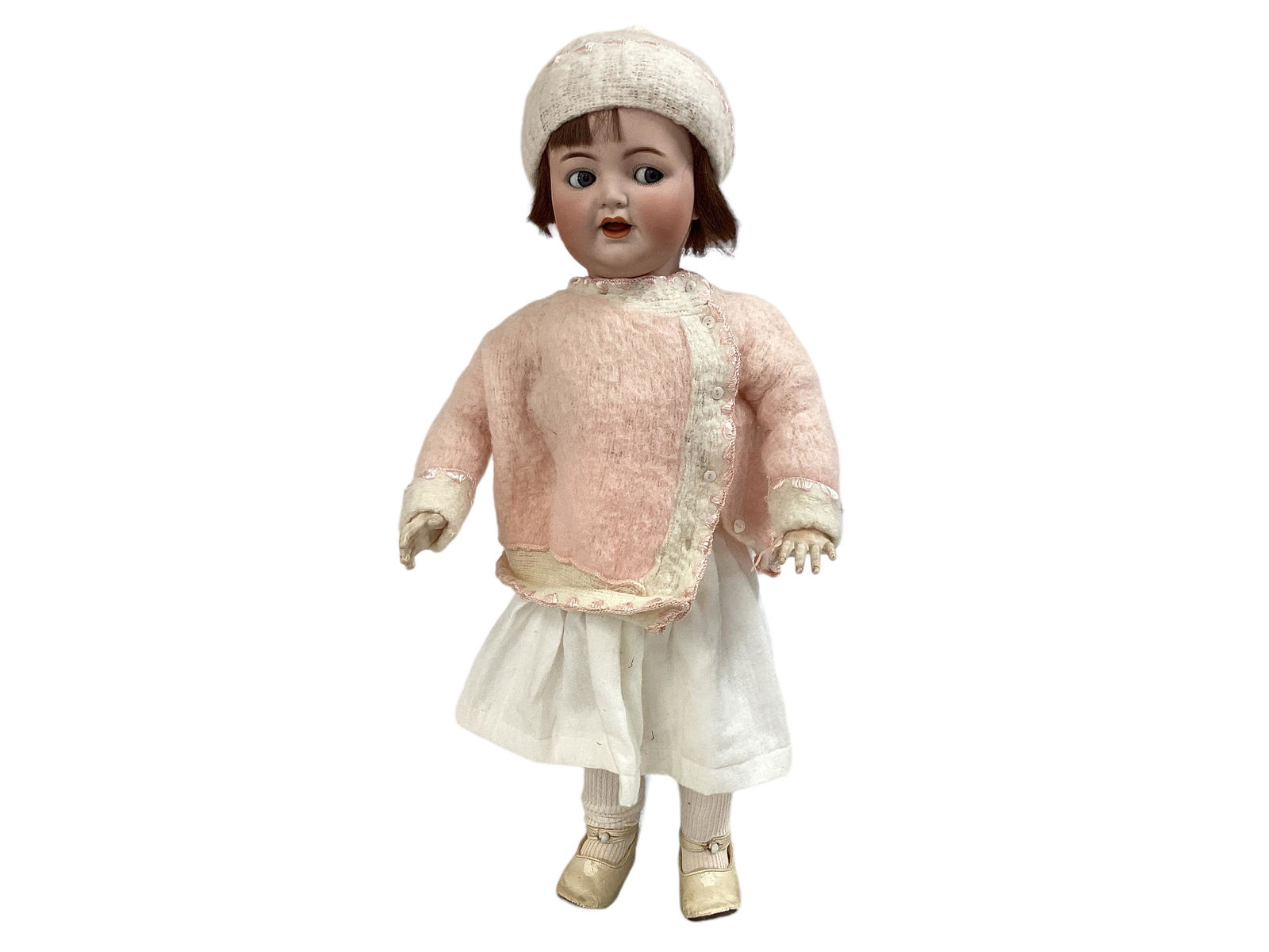 K&R Simon & Halbig 126 Bisque Socket Head Character Toddler: K&R Simon & Halbig 126 Bisque Socket Head Character Toddler 24" doll with human hair wig, glass flirty eyes, open mouth with teeth, on chunky composition body jointed at the shoulders, elbows, hips an
