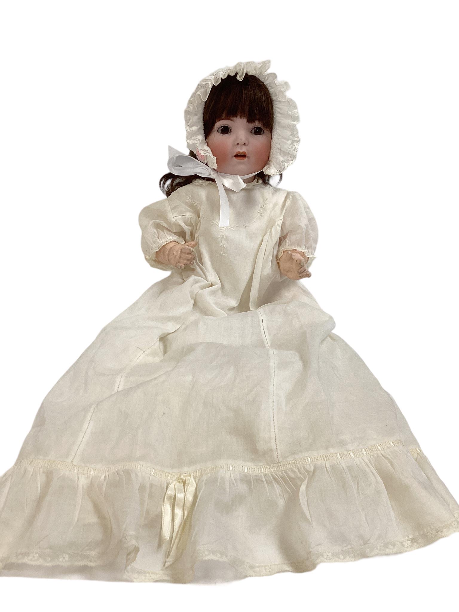 Franz Schmidt & Co. 1295 Bisque Socket Head Character Baby: Franz Schmidt & Co. 1295 Bisque Socket Head Character Baby 18" doll with human hair wig, glass sleep eyes, open mouth with teeth, on five-piece composition bent limb baby body. Wig glued on and not re