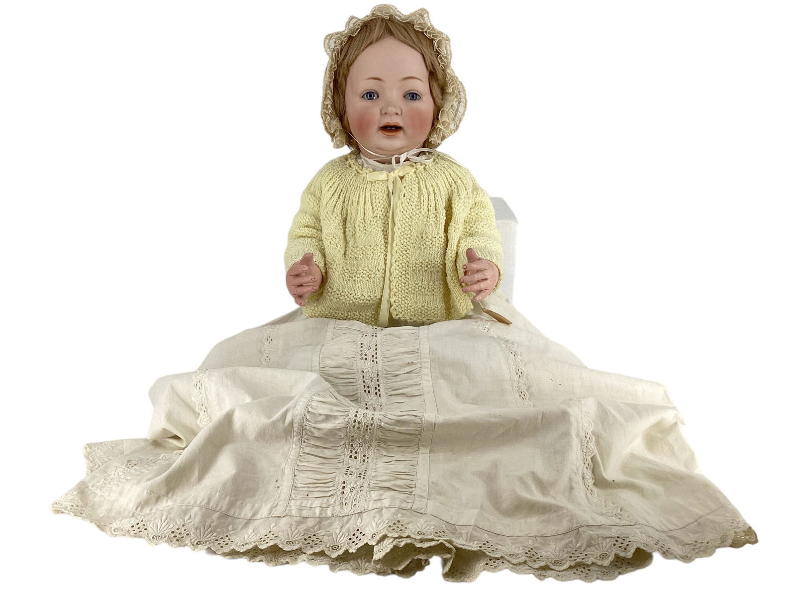 Kestner J.D.K. 211 Bisque Socket Head Character Baby: Kestner J.D.K. 211 Bisque Socket Head Character Baby 26" doll with replaced wig, glass sleep eyes, open mouth with teeth, on five-piece composition bent limb baby body. Bisque has no apparent damage,