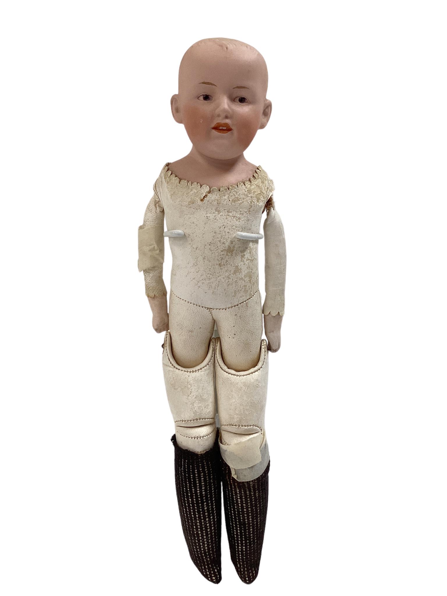 Gebruder Heubach Bisque Shoulder Head Character Boy: Gebruder Heubach Bisque Shoulder Head Character Boy 12" solid dome doll with molded and painted hair and facial features, intaglio eyes, molded mouth with teeth, on crude kid body with rivet jointed h