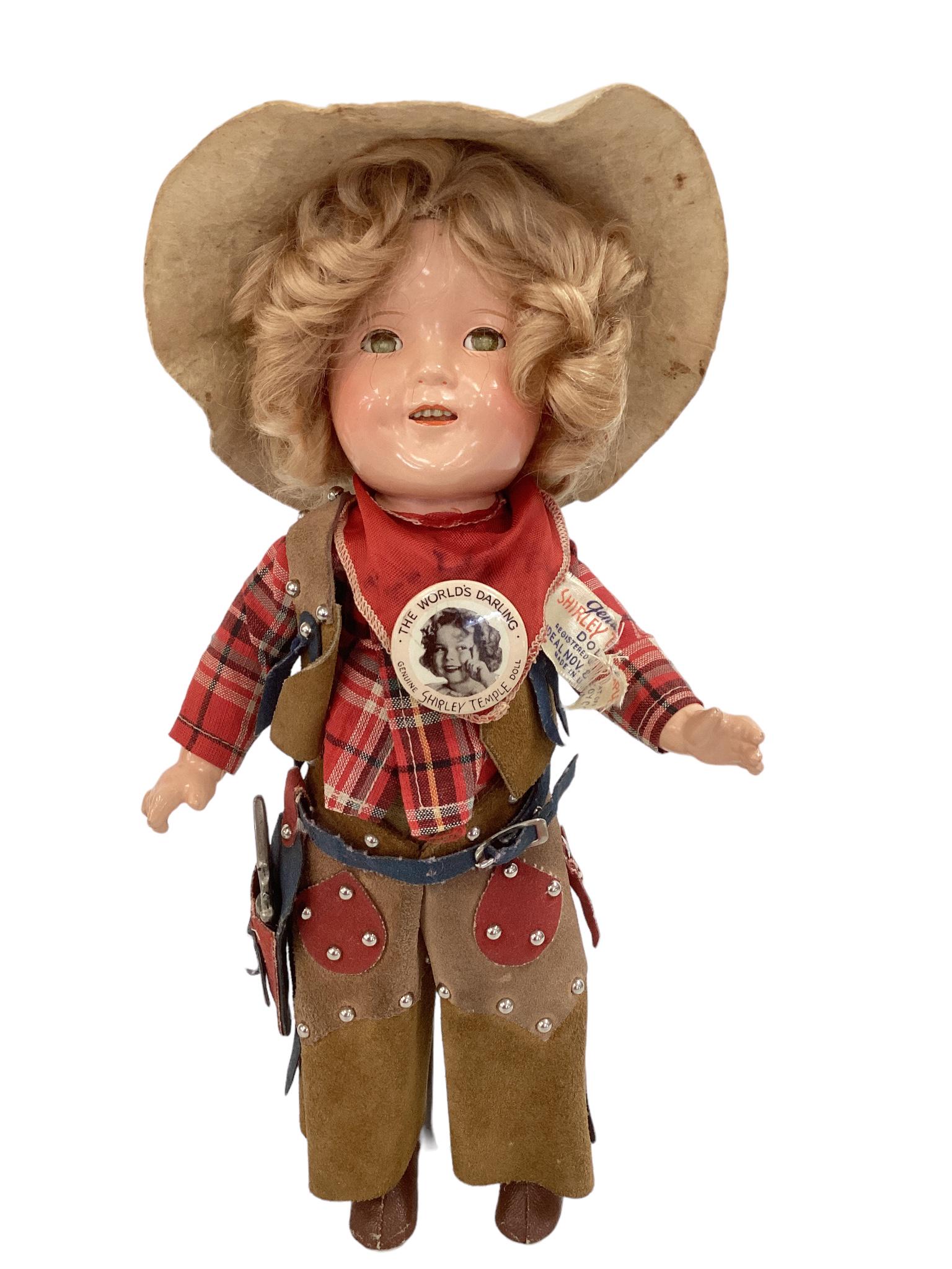 HTF Ideal Shirley Temple Cowgirl: HTF Ideal Shirley Temple Cowgirl 11" composition doll with mohair wig in original set, sleep eyes with eyelashes, open mouth with teeth, on five-piece body. Shirley is dressed in her original tagged c