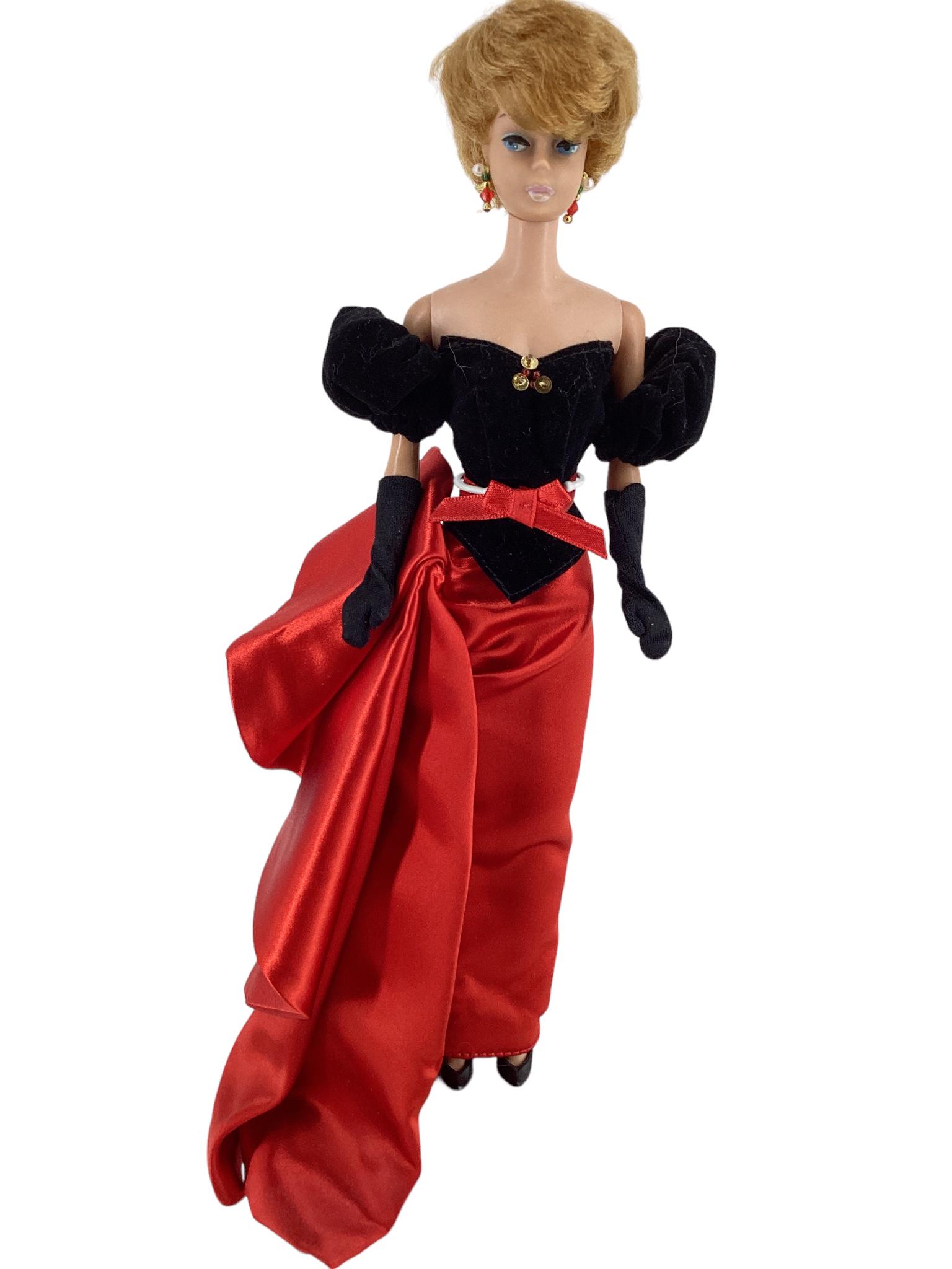 Bubble Cut Barbie in Black & Red Gown: Bubble Cut Barbie in Black & Red Gown No tags on clothes, used Velcro & lattice snaps. Handmade? Pinholes on chest. Each hand missing a finger. See photos for condition.
