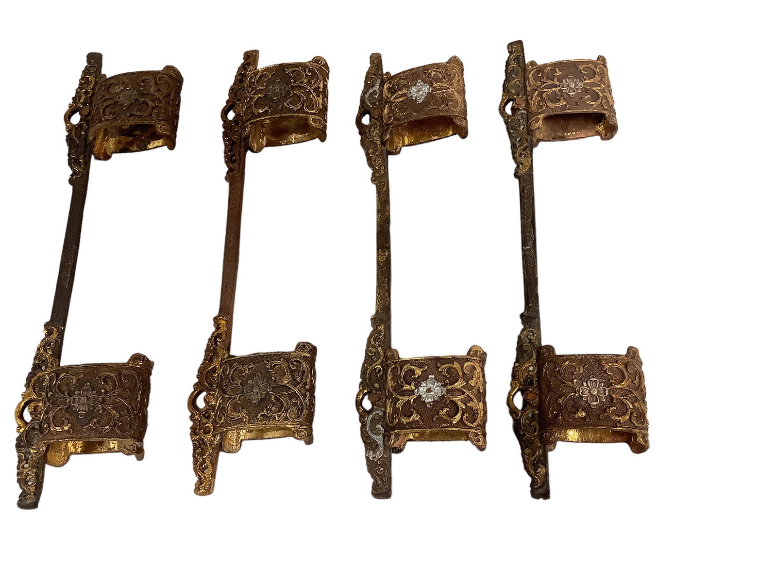 Japanese Sword Fittings: Japanese Sword Fittings ASHI- Matching set of 4, gold gilt, chrysanthemum theme