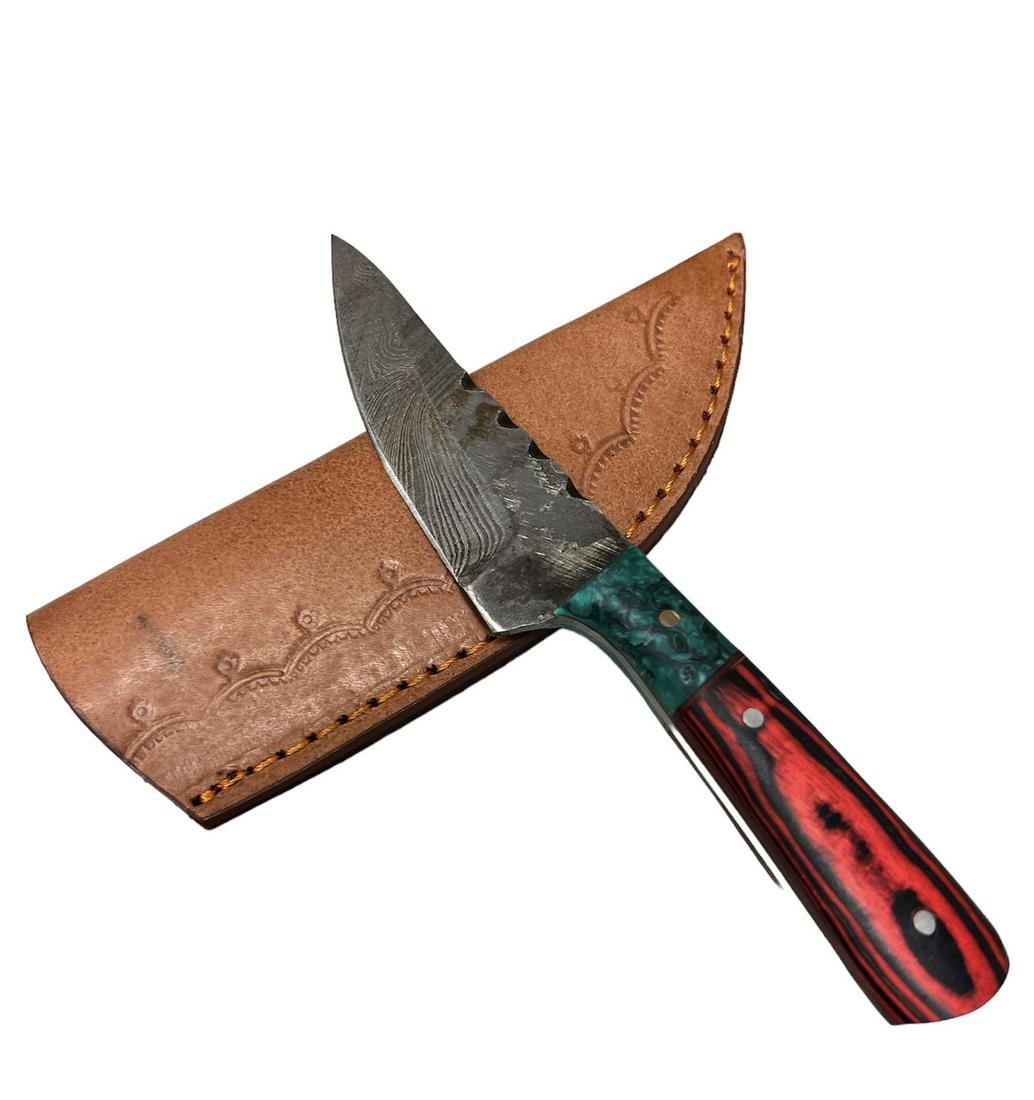 Hand Made Damascus Knife: Hand Made Damascus Knife with wood and resin handle, made from several layers of 1095 and 15n20 Steel, fold in multiple times creating between 288 and 512 layers forming the beautiful Damascus pattern