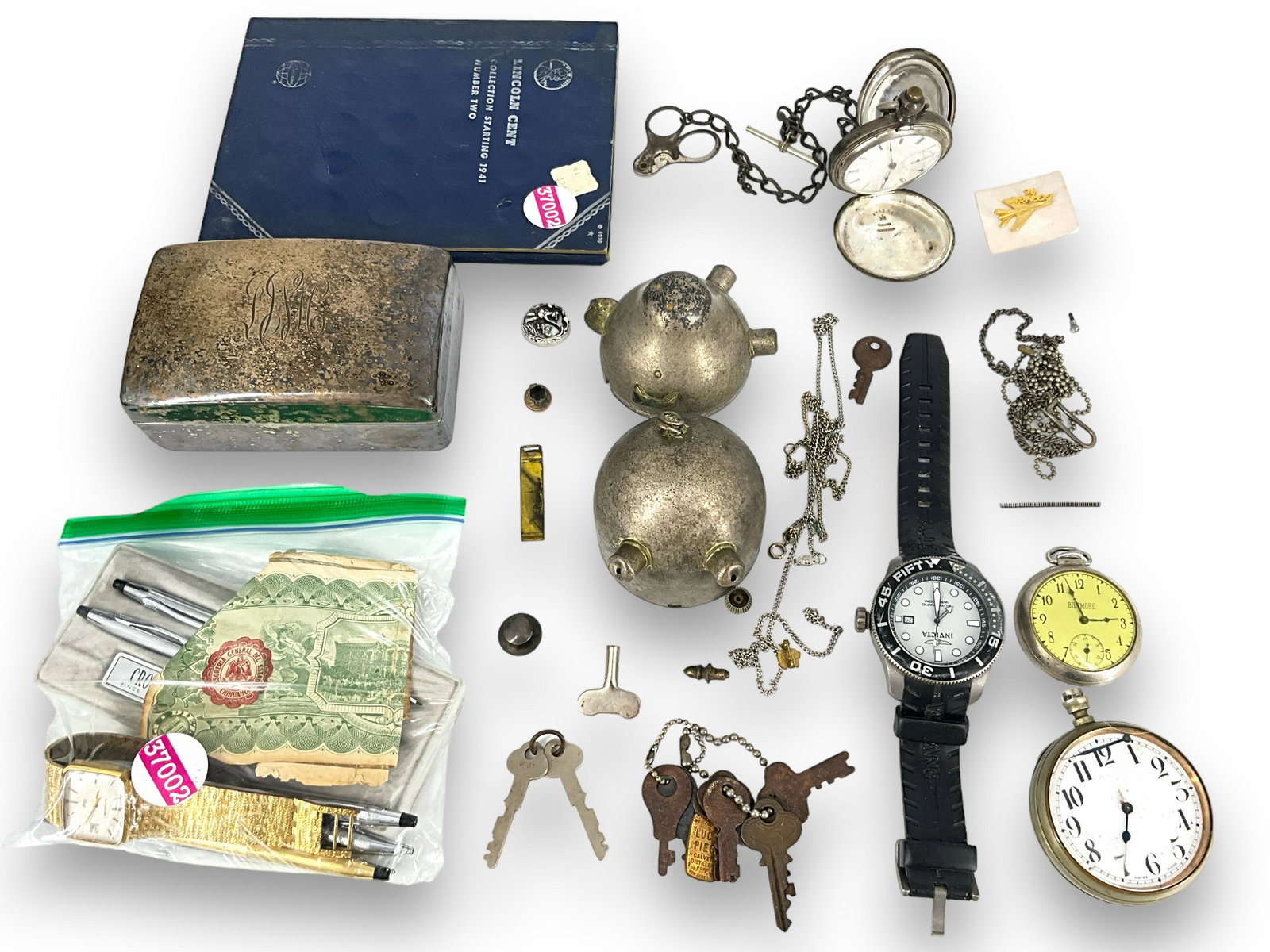 Watches, Coins, Pens and More: Watches, Coins, Pens and More Lincoln Cent coin album with dates starting 1941 - with contents, gold tone wrist watch from Wittnauer, desk set from Cross, modern Invicta wrist watch with large dial an