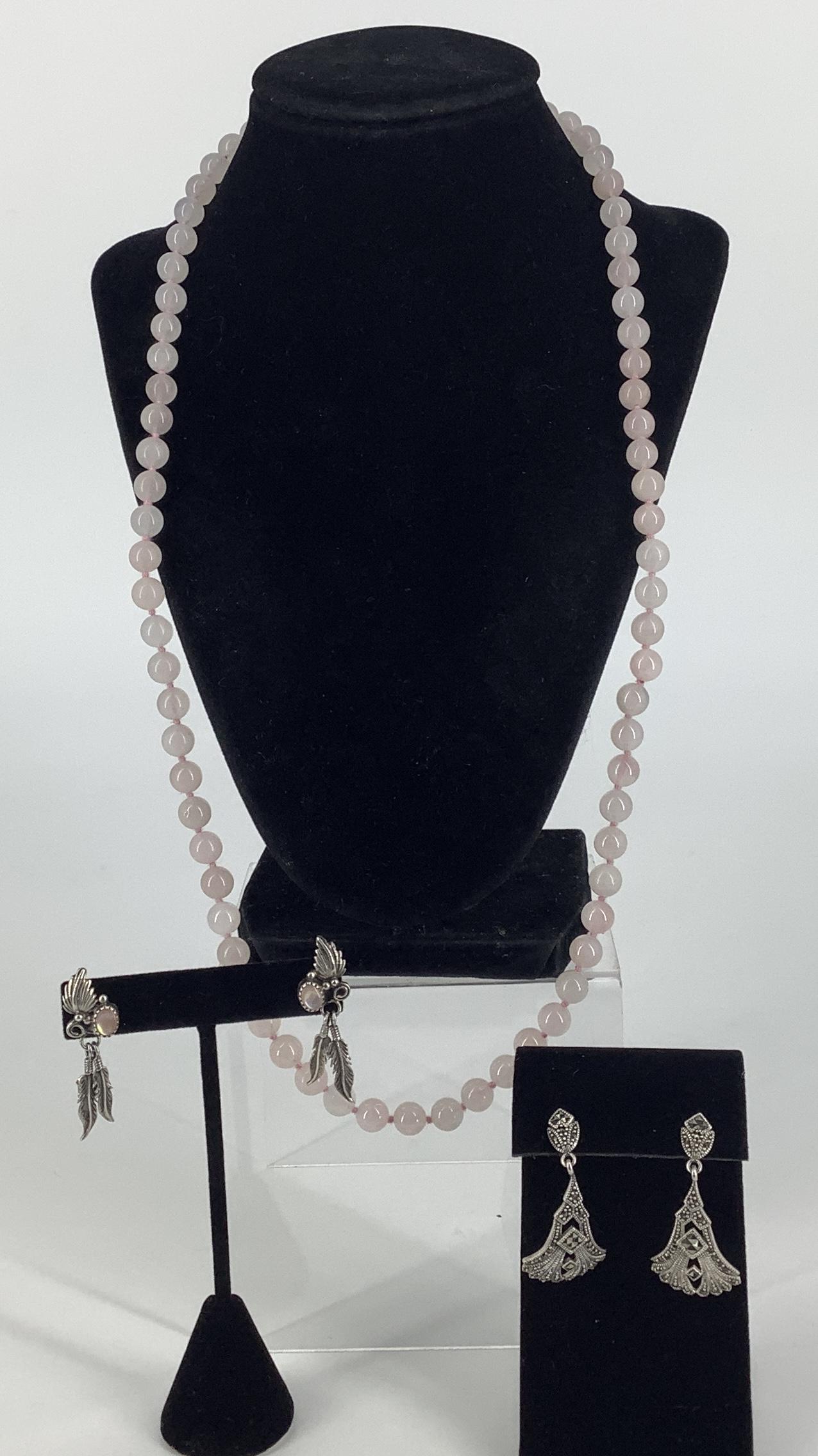 Rose Quartz Necklace and Two Pair of Earrings: Rose Quartz Necklace and Two Pair of Earrings A 27î long rose quartz necklace with 8mm beads (no clasp) and a pair of marcasite fan earrings, tested as silver and marked .925 having a 1 3/4î