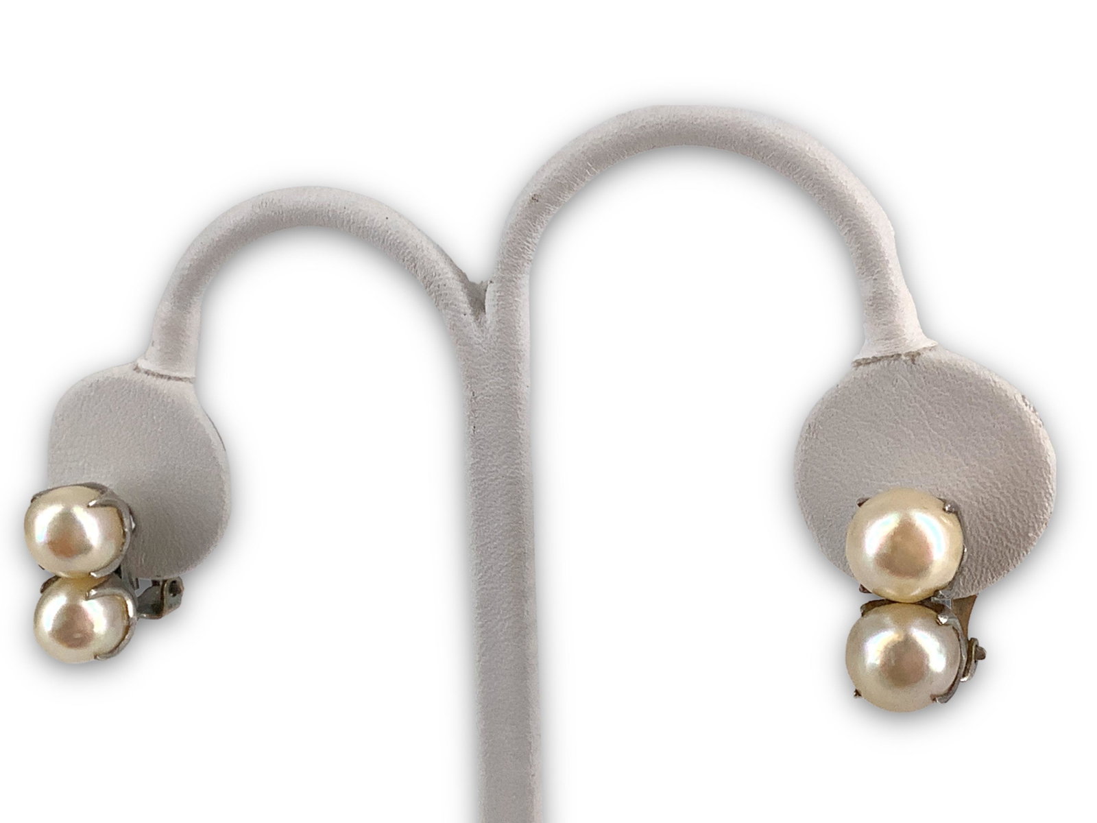 Pair of Duo of Pearls Earrings: Pair of Duo of Pearls Earrings Silver and copper composition, lever backings, 17.0mm in length, unsigned, pearls have excellent luster and good-great surface quality, in old four prong settings, pearl