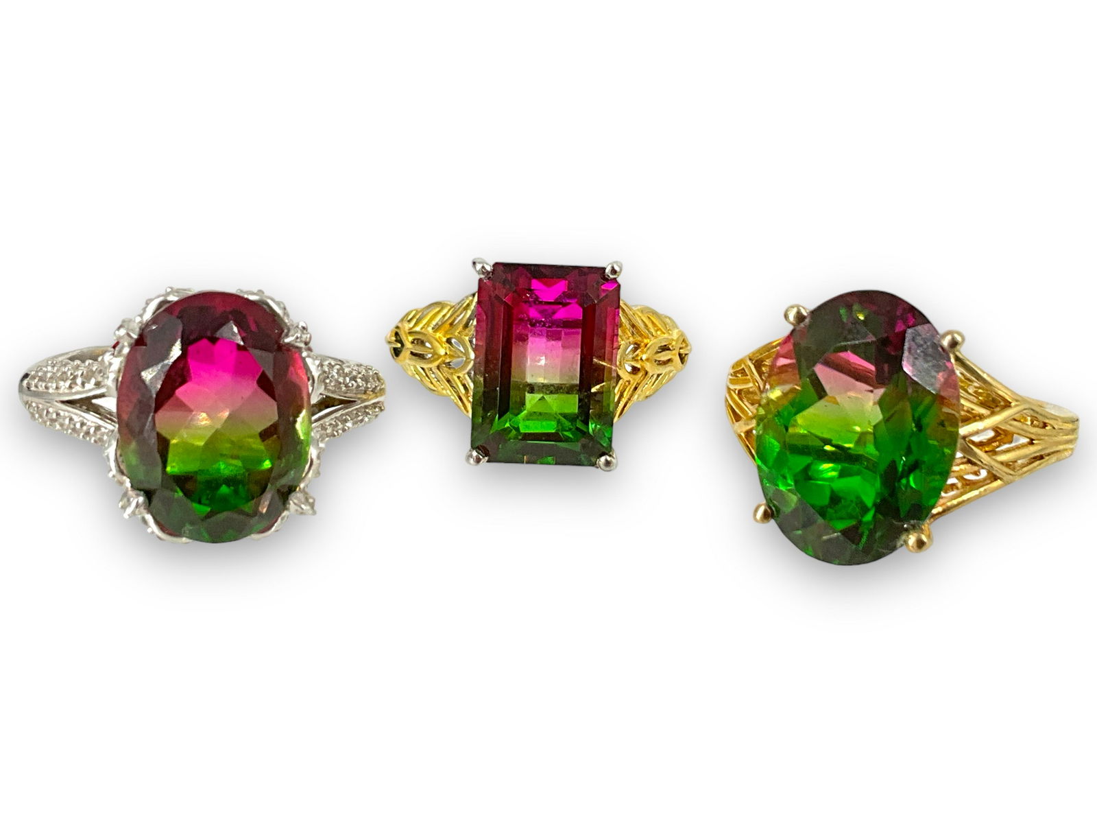Three Silver Synthetic Watermelon Tourmaline Rings (1 of 6)