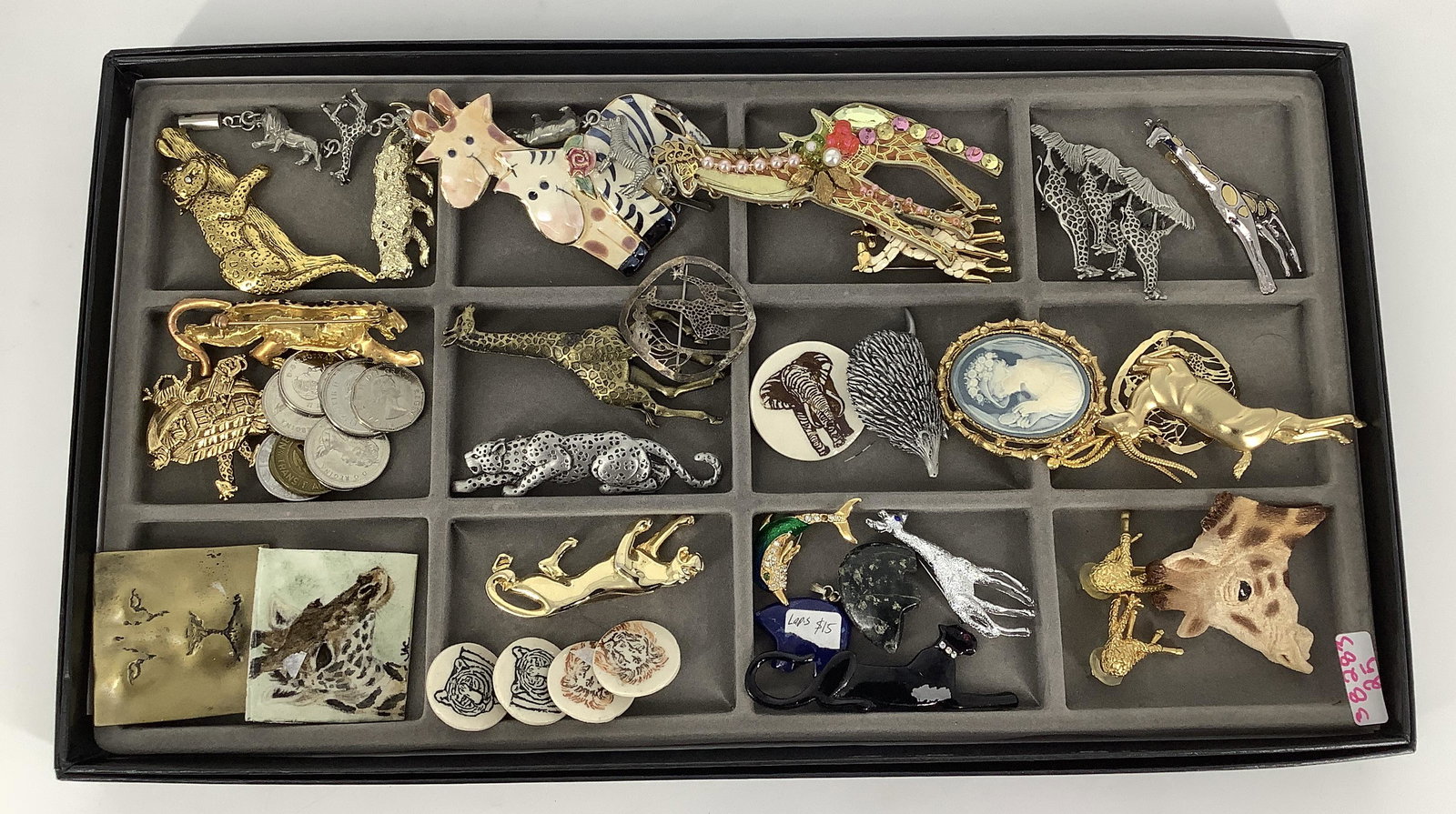 Animal Pins & Accessories: Animal Pins & Accessories Including a (2.95î) gold tone tiger pin with enamel inlay and clear rhinestone eyes (2.48î), gold tone panther pin (1.85î), gold tone giraffe pin with cream en