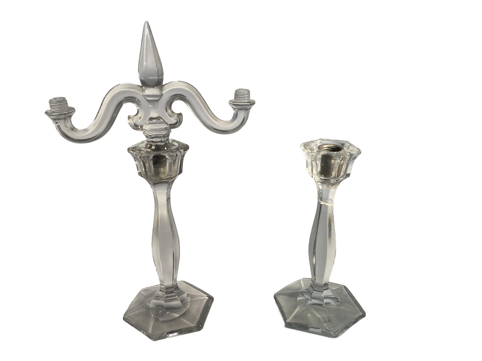 Heisey Patrician Lot: Heisey Patrician Lot #5 10î Candle, H, and a 16î #5 Two light Candelabra, no Bobeches or Candle Sockets