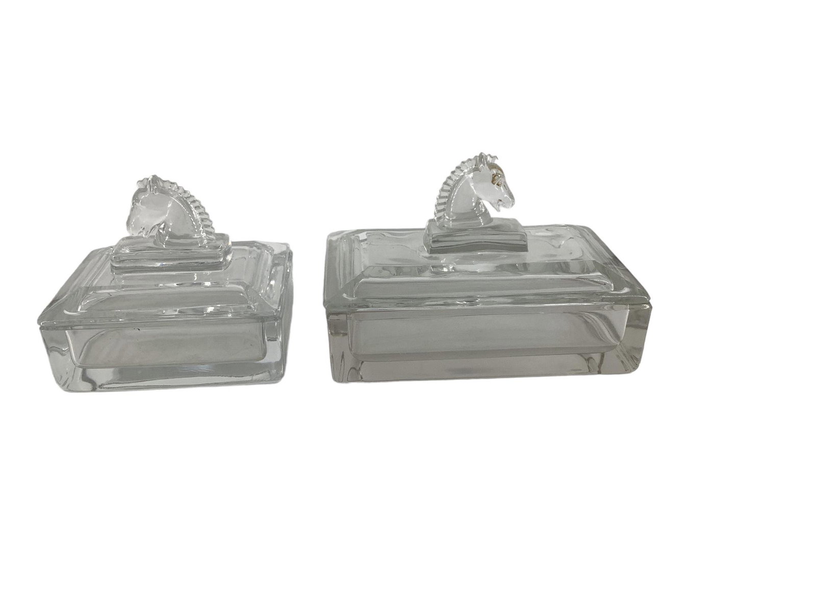 (2) Heisey #1469-1/2 Late Puritan Covered Cigarette Boxes: (2) Heisey #1469-1/2 Late Puritan Covered Cigarette Boxes Both with Horsehead Finials. 4 1/2î, and 6 1/4î