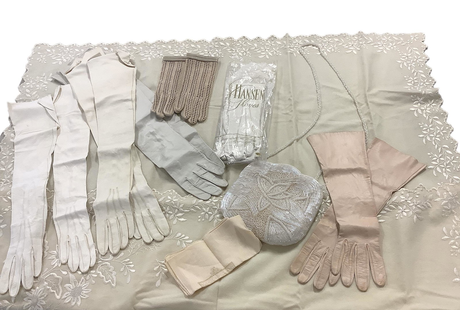 Vintage Gloves, Baby Blanket and Beaded Purse: Vintage Gloves, Baby Blanket and Beaded Purse Multiple vintage glove pairs in small size, pretty vintage handkerchief with ìHî monogram, beaded bag with iridescent pinkish beading and a crea