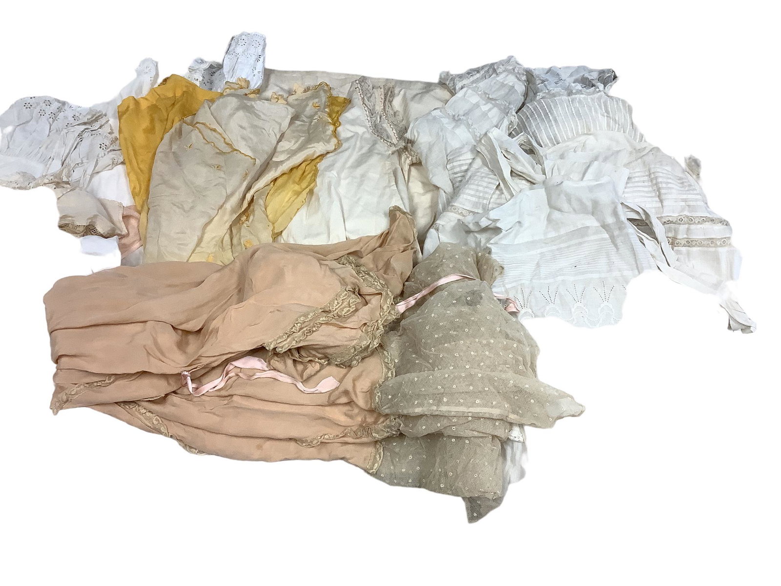 Lot of Vintage Cotton Dresses and Silk Slips and Robe: Lot of Vintage Cotton Dresses and Silk Slips and Robe Condition some holes and tears .worn.