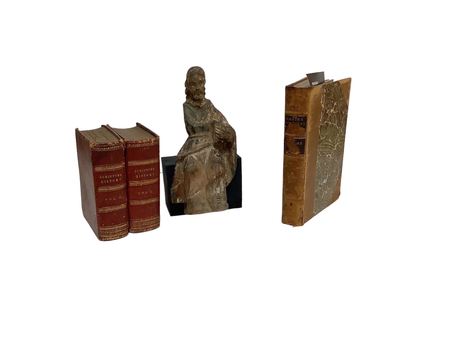 Books and Carving: Books and Carving Wooden carving unmarked. (2) Scripture History Books.Rev Alexander Fletcher.1839. Book John Keats By H. Button Forman.copyright 1805. See photo.