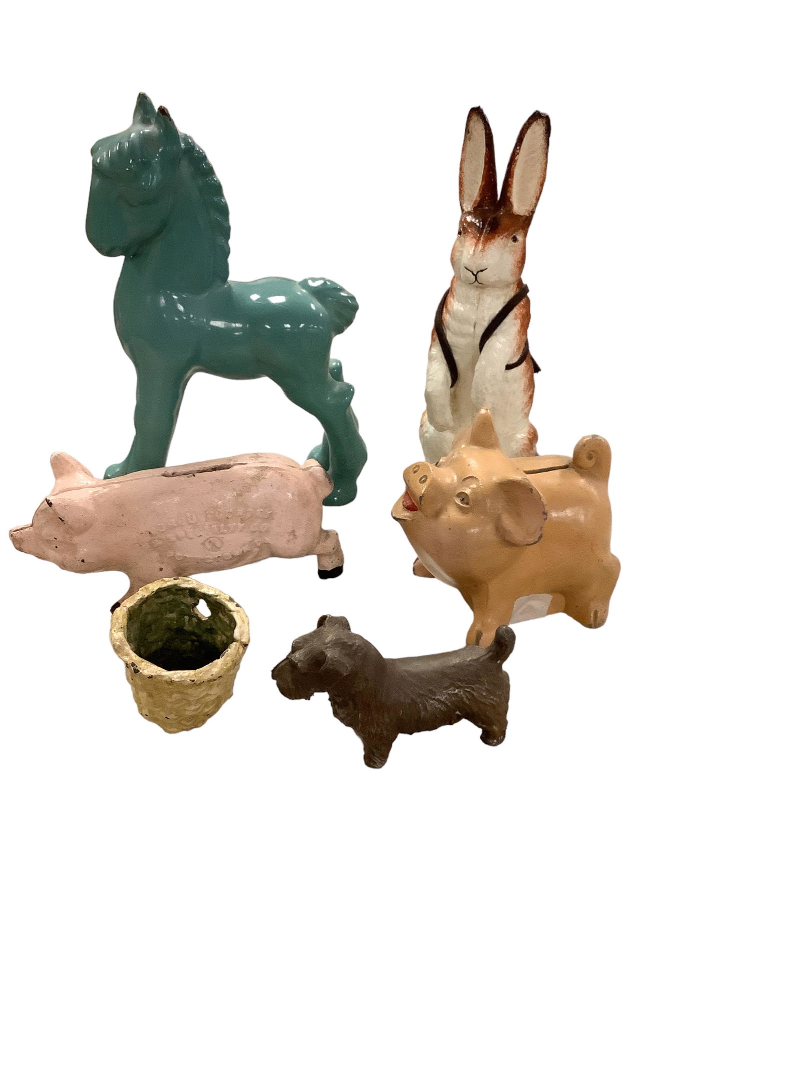 (6) Metal Items Including Animal Doorstops, Banks & Match Holder (1 of 1)
