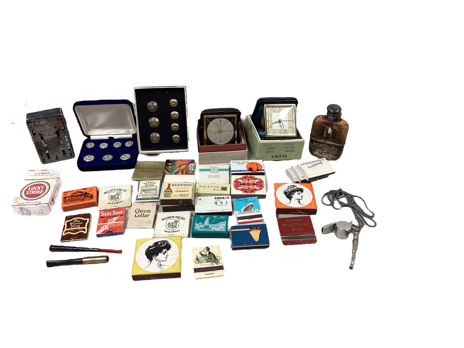Smoking Accessories, (2) Traveling Alarm Clocks, a Flask, (2) Sets of Buttons and (2) Whistles (1 of 1)