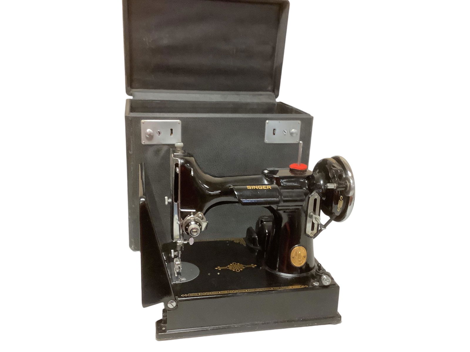 Singer Featherweight Sewing Machine: Singer Featherweight Sewing Machine 10î x10î H case/ with attachments, foot pedal, instruction book Bobbin has been removed- is at front office. cc# AF 554426